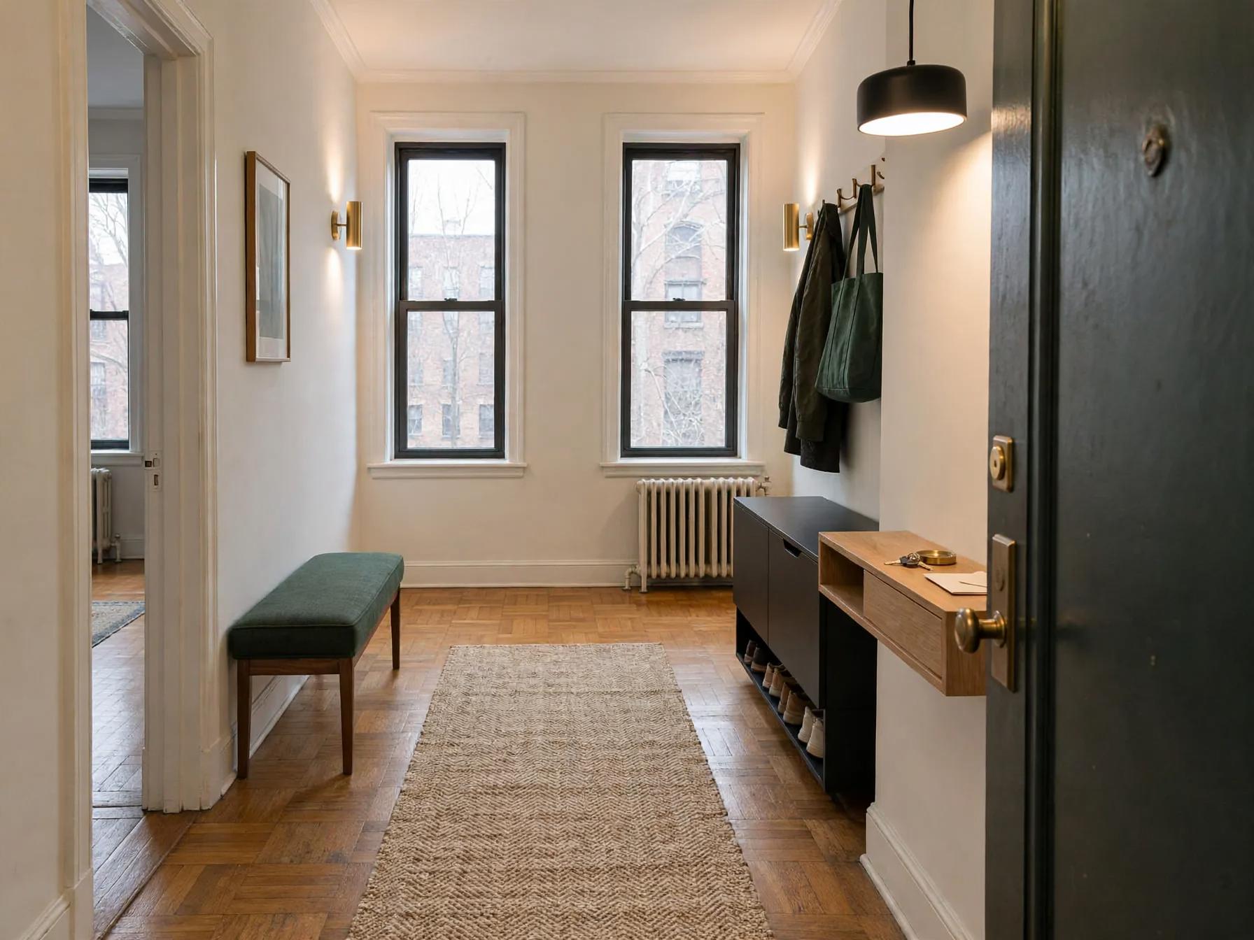 Contemporary entryway after AI restyle by Renovaitor: Green-upholstered bench, jute runner and black console in entryway