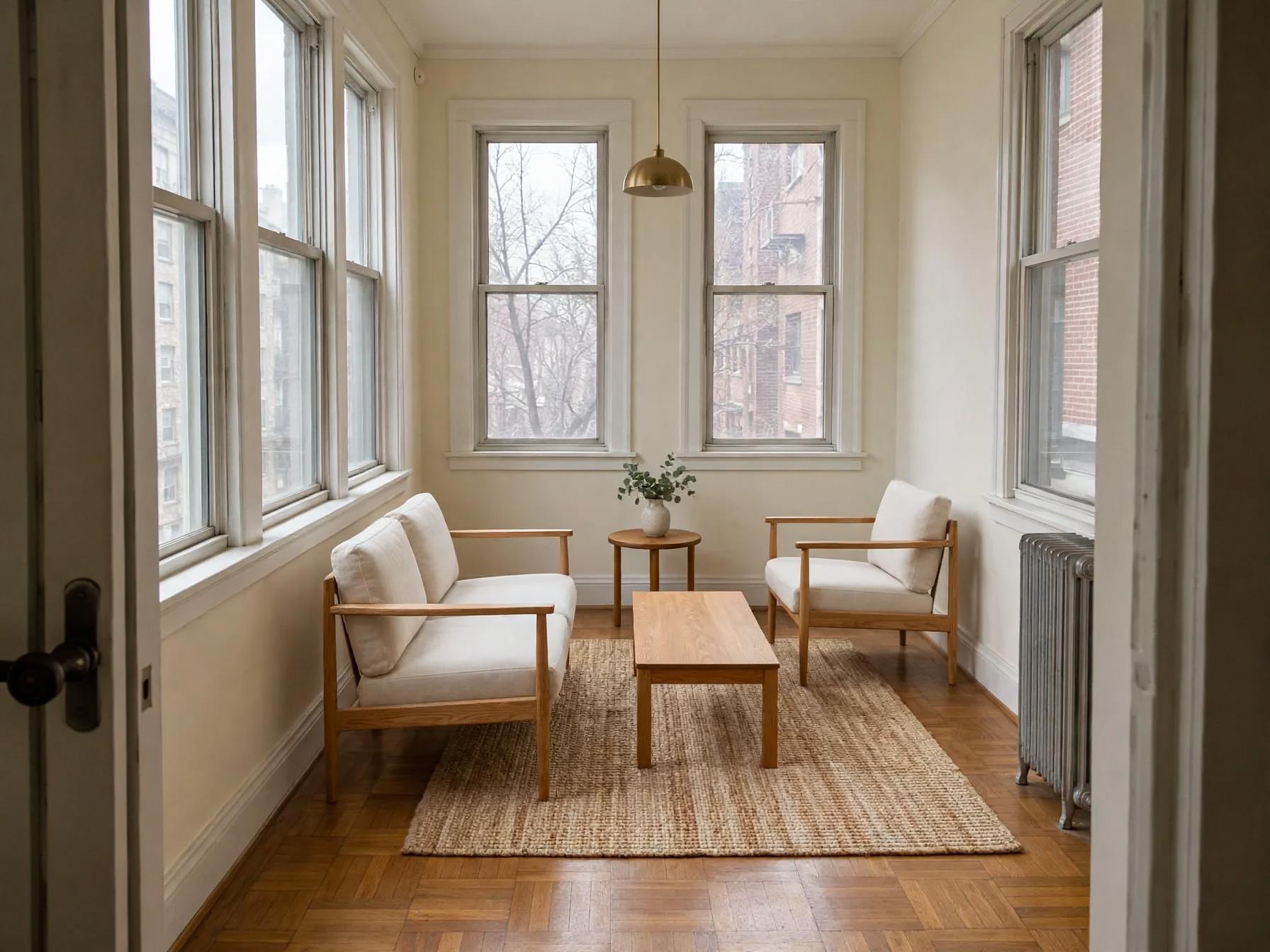Japandi sunroom after AI restyle by Renovaitor: Light-filled sunroom with low-slung Japandi seating and woven rug