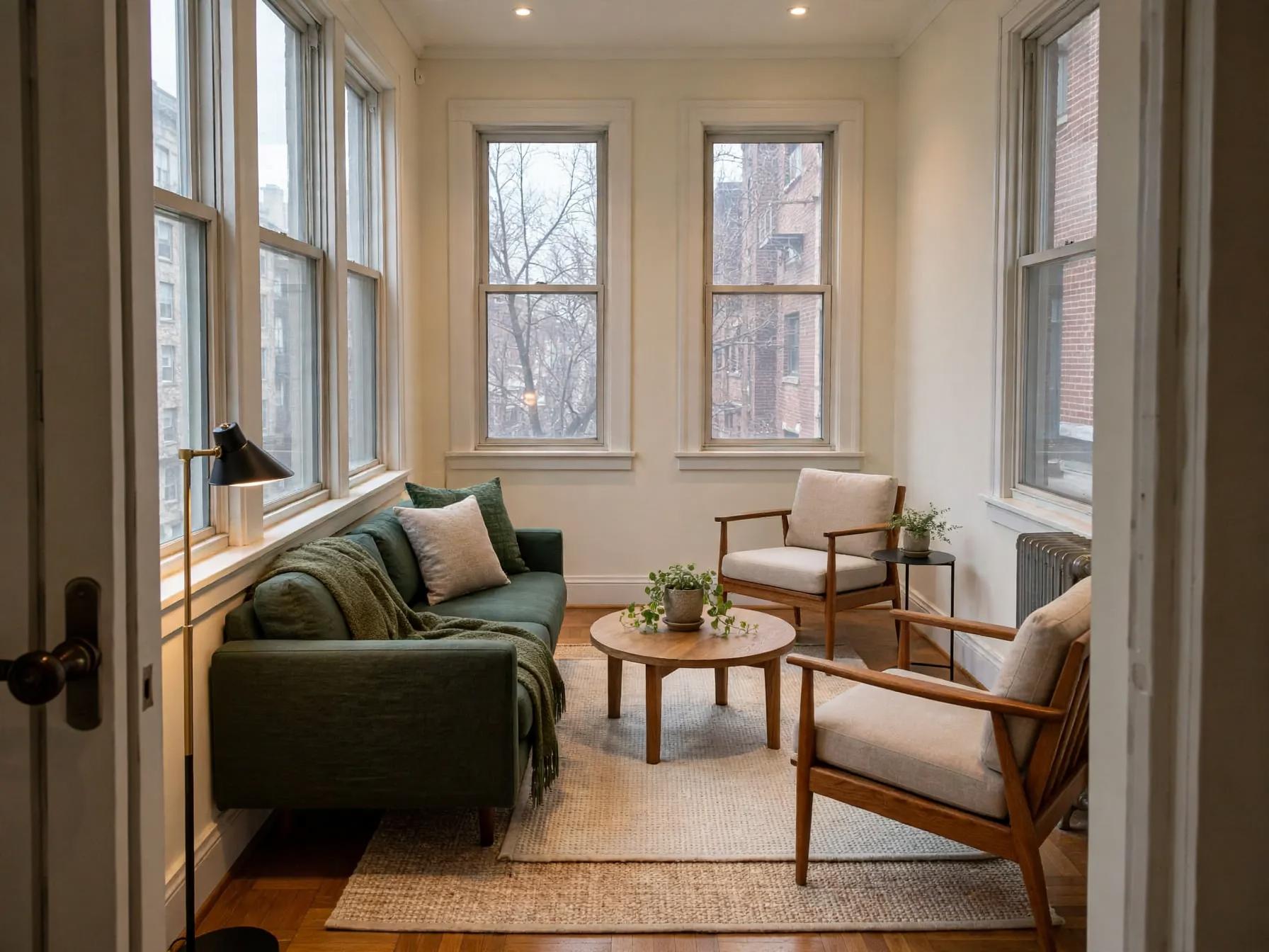 Contemporary sunroom after AI restyle by Renovaitor: Three Tall Windows Framing a Cozy Green Sunroom Seating Area
