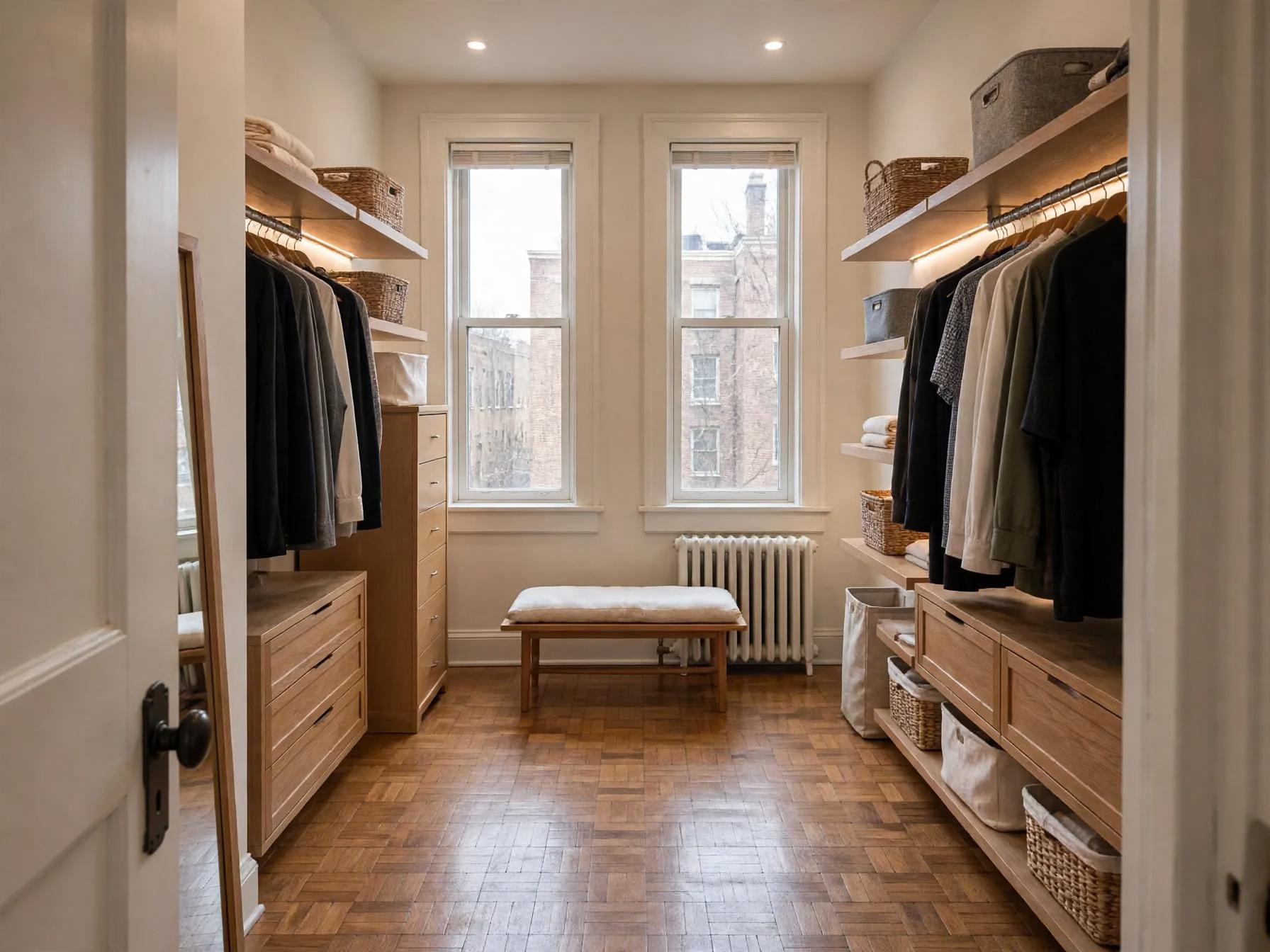 Japandi walk in closet after AI restyle by Renovaitor: Twin sash windows framed by warm wood storage and bench