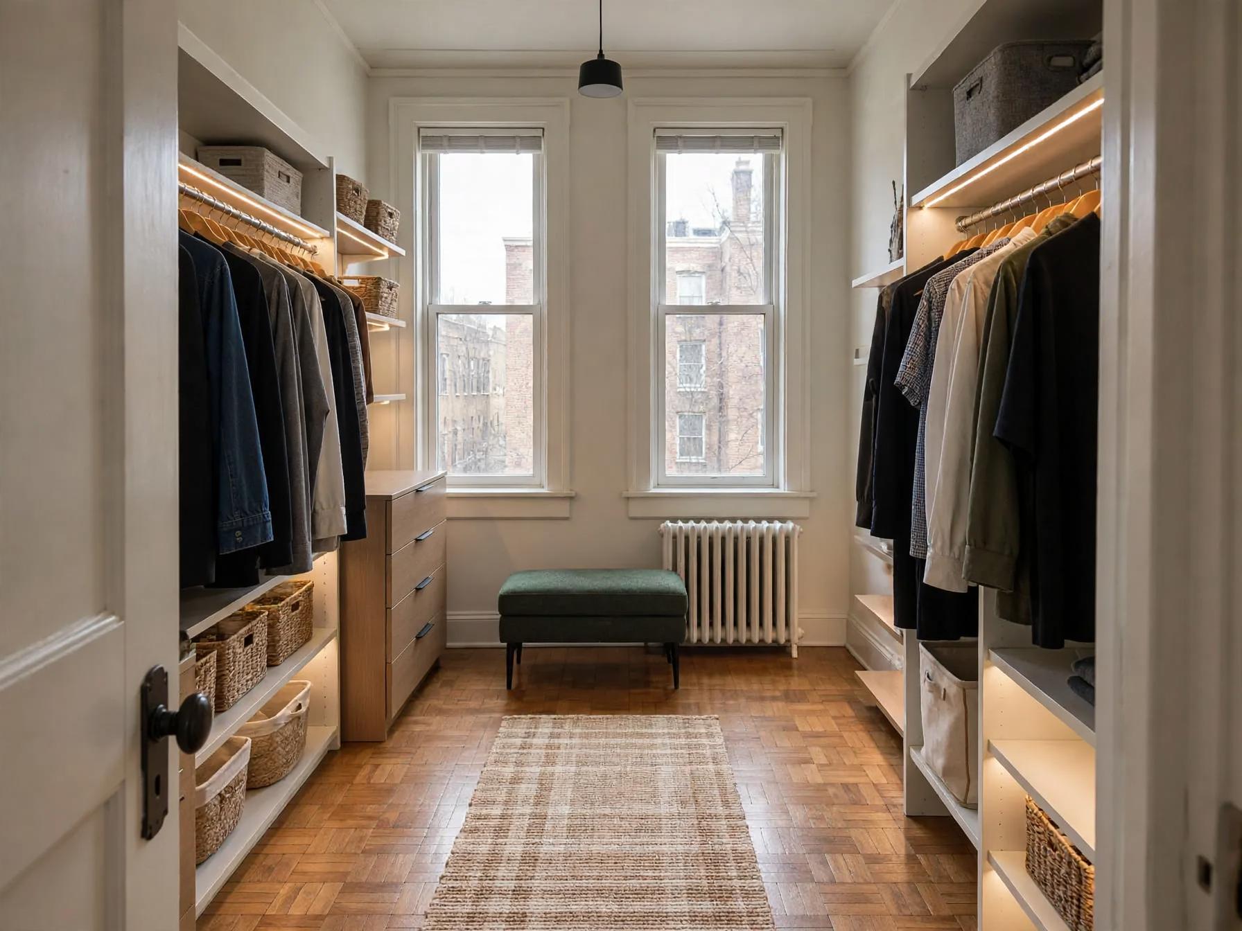 Contemporary walk in closet after AI restyle by Renovaitor: Pair of floor-to-ceiling windows flanked by lit open wardrobes