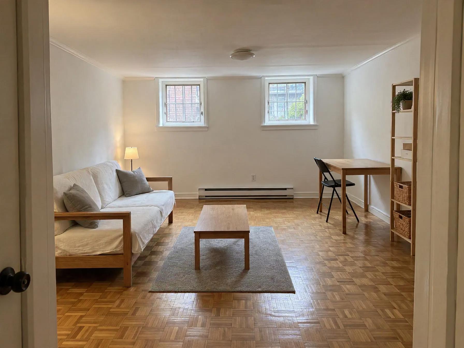 Japandi basement after AI restyle by Renovaitor: Low basement with twin windows fitted with simple Japandi seating