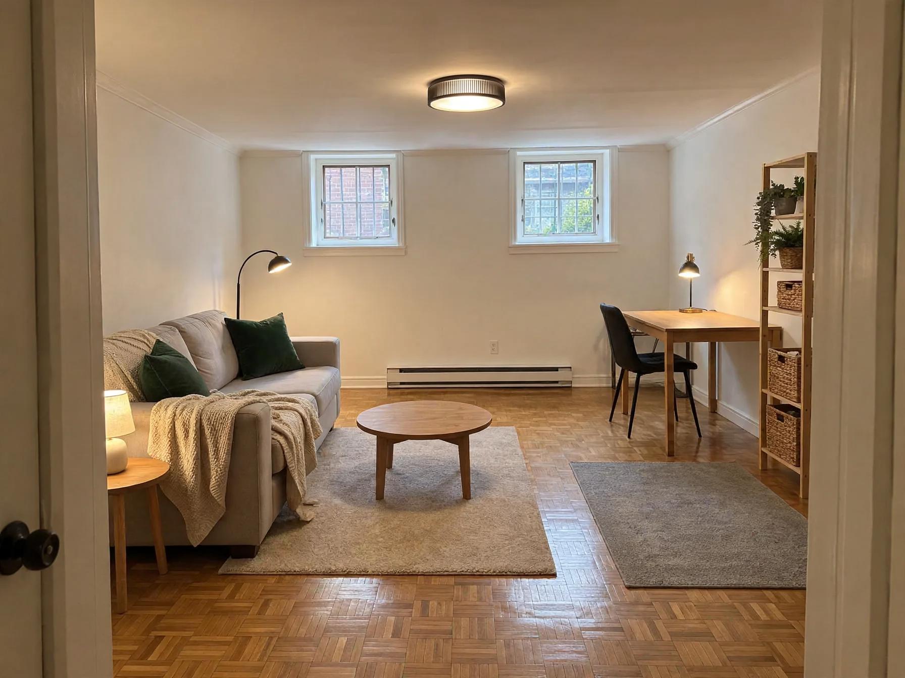 Same basement with added rugs, round coffee table, floor lamp by sofa, darker throw pillows, desk lamp, shelving with woven baskets