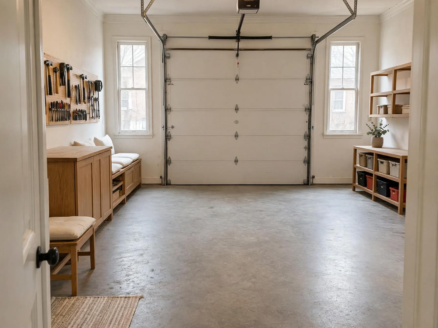 Japandi garage after AI restyle by Renovaitor: Light oak storage and cushioned bench anchor a Japandi garage restyle