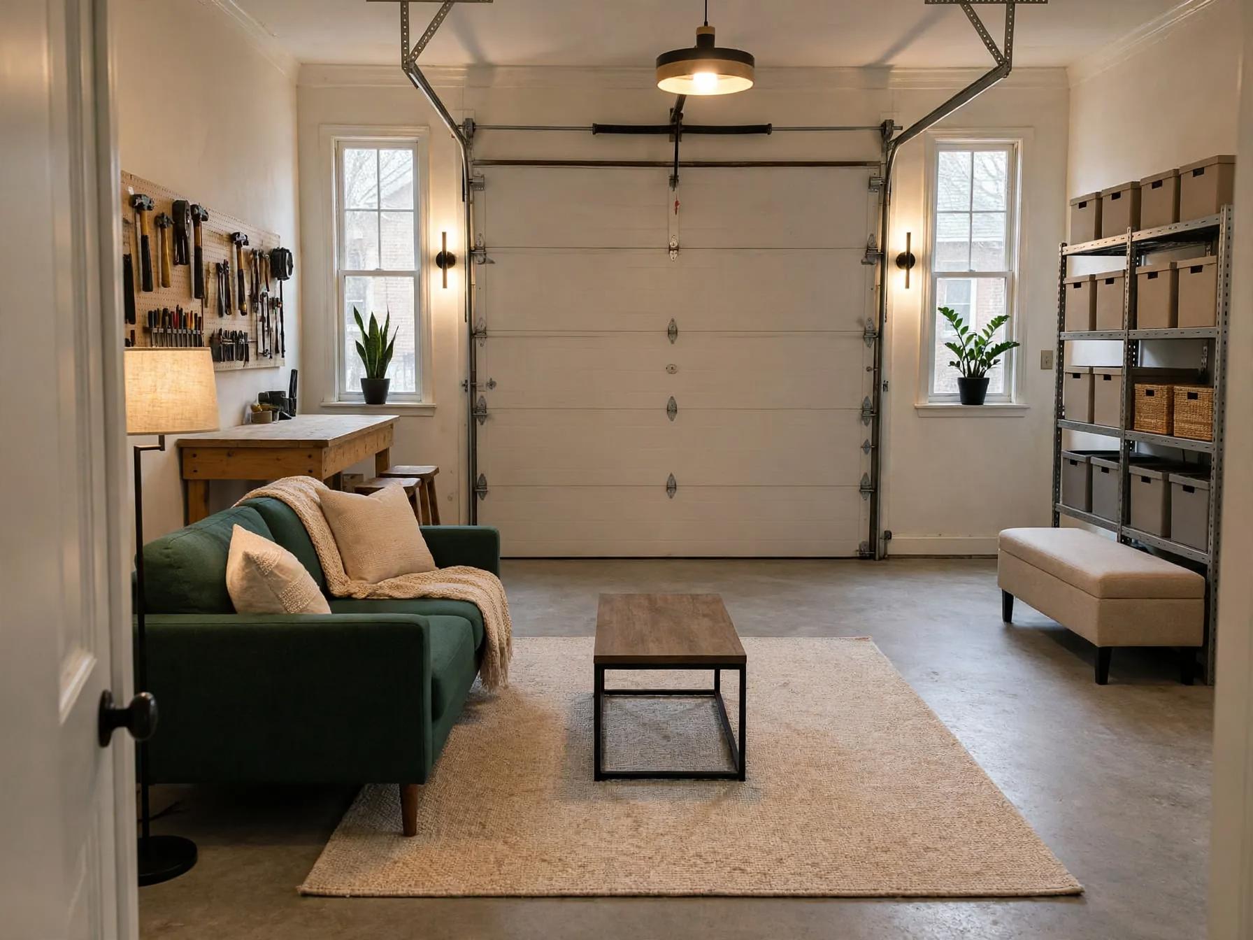 Contemporary garage after AI restyle by Renovaitor: Green sofa and rug anchor a garage-to-lounge transformation