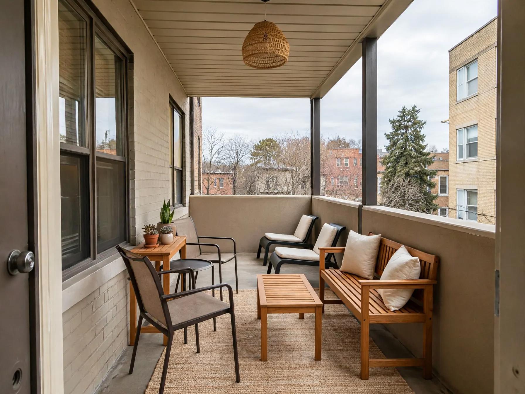 Covered patio with wooden bench, coffee table, two lounge chairs, jute rug, woven pendant and small planters