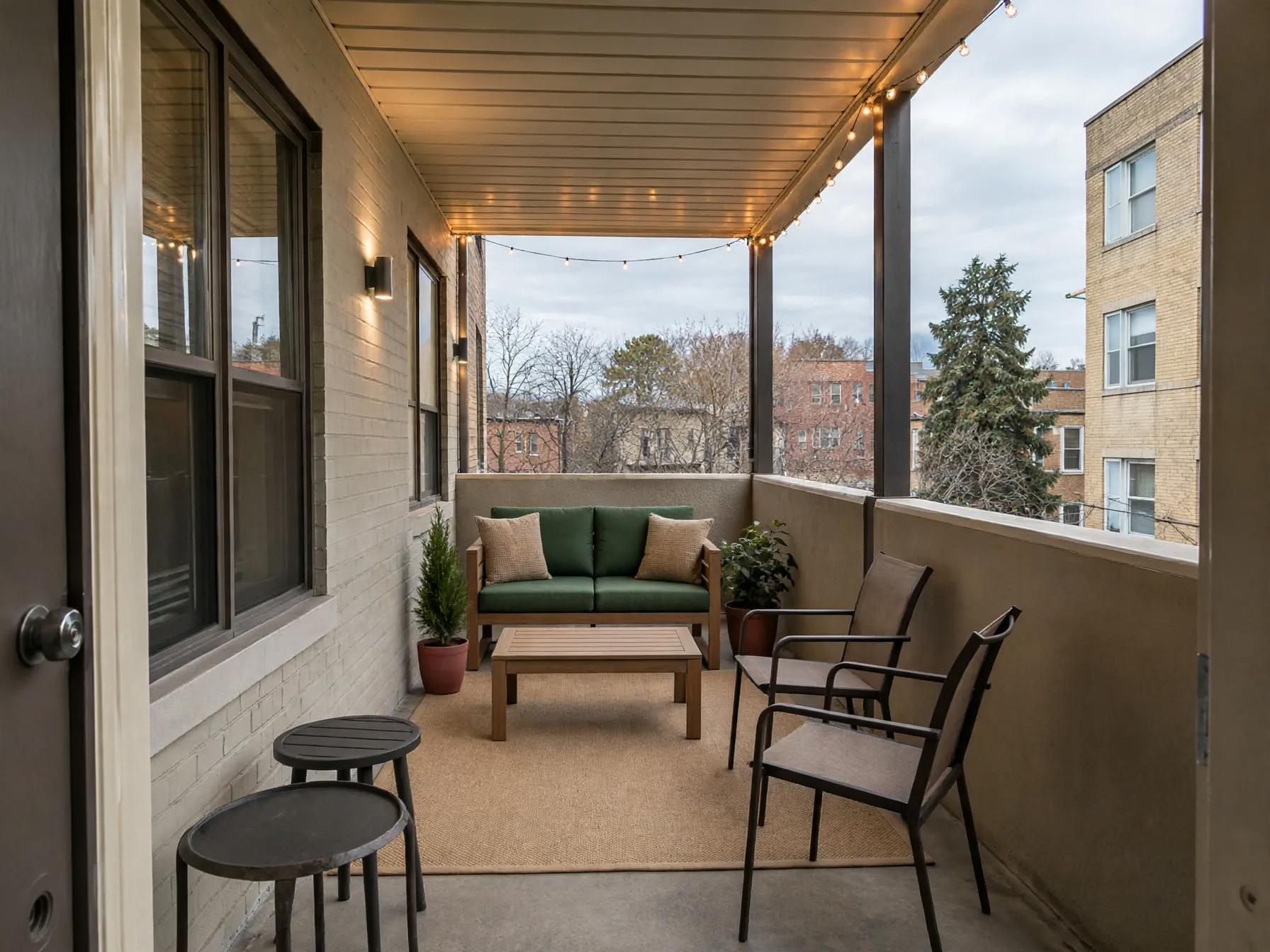 Contemporary outdoor after AI exterior redesign by Renovaitor: Cozy covered urban balcony with string lights and green sofa