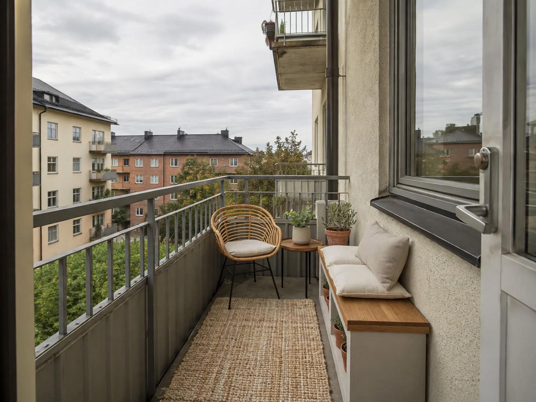 Same narrow balcony with woven rattan chair, low wooden bench with cushions, jute runner, side table and several terracotta and ceramic planters