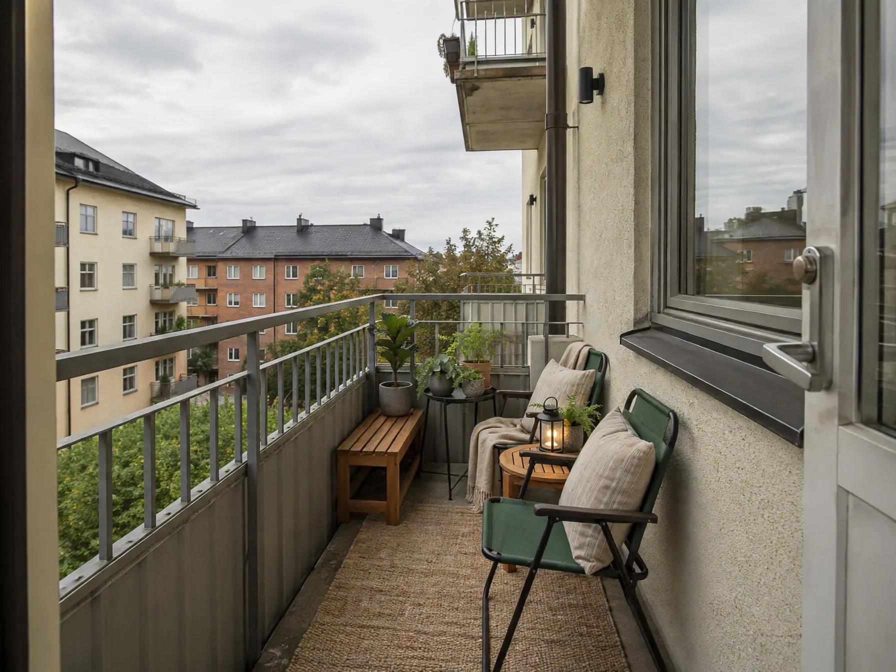 Contemporary outdoor after AI exterior redesign by Renovaitor: Narrow city balcony fitted with greenery, seating and lanterns