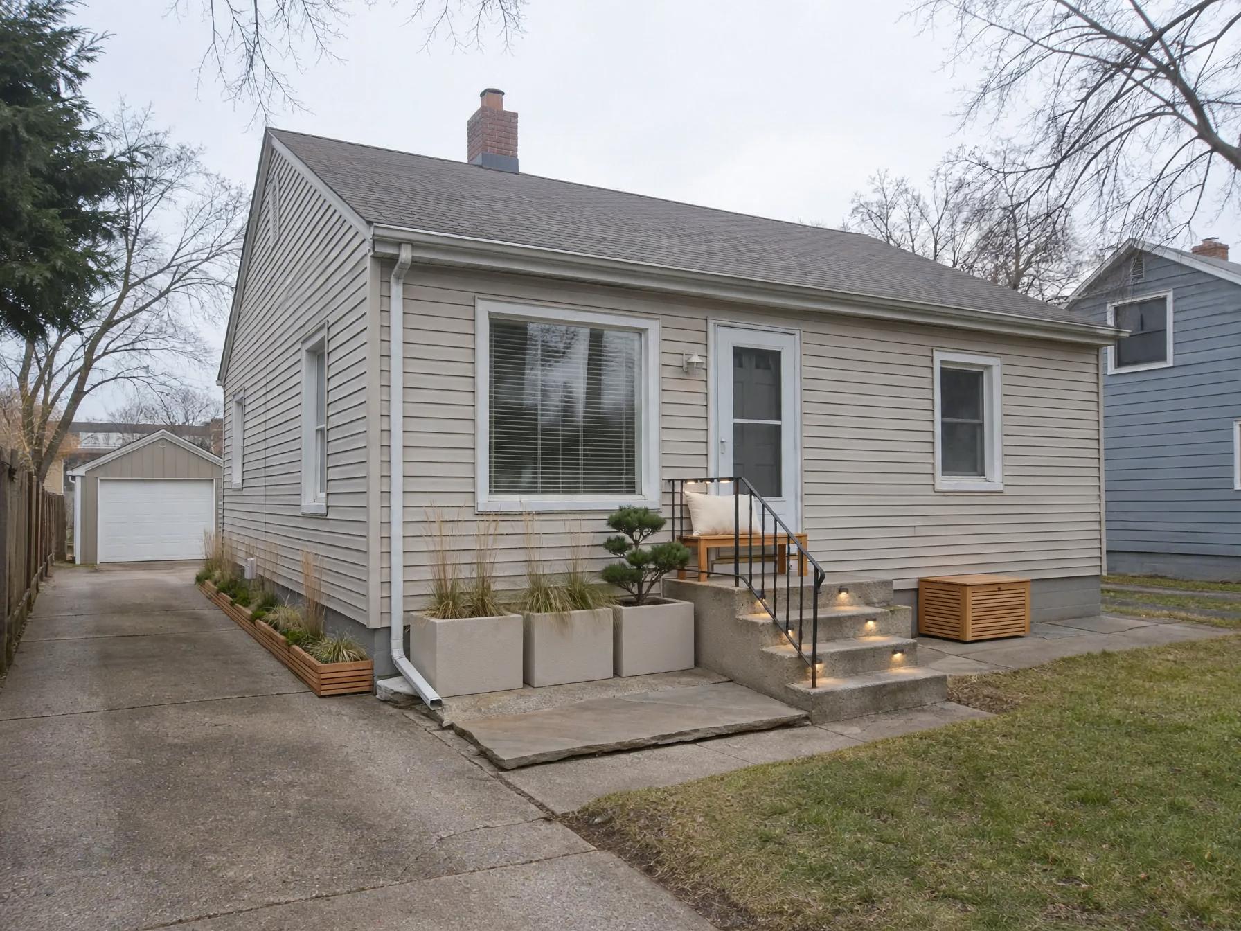 Same house exterior with rectangular concrete and wood planters, wooden bench on the stoop, recessed step lights and a slatted wooden storage box beside the entry.