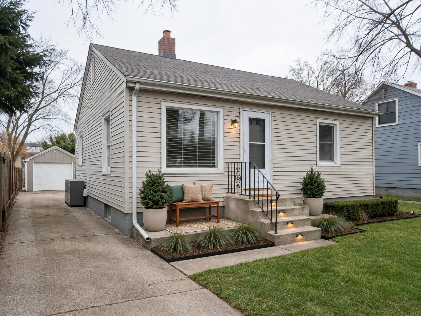Contemporary outdoor after AI exterior redesign by Renovaitor: Concrete steps highlighted with planted flank and bench vignette
