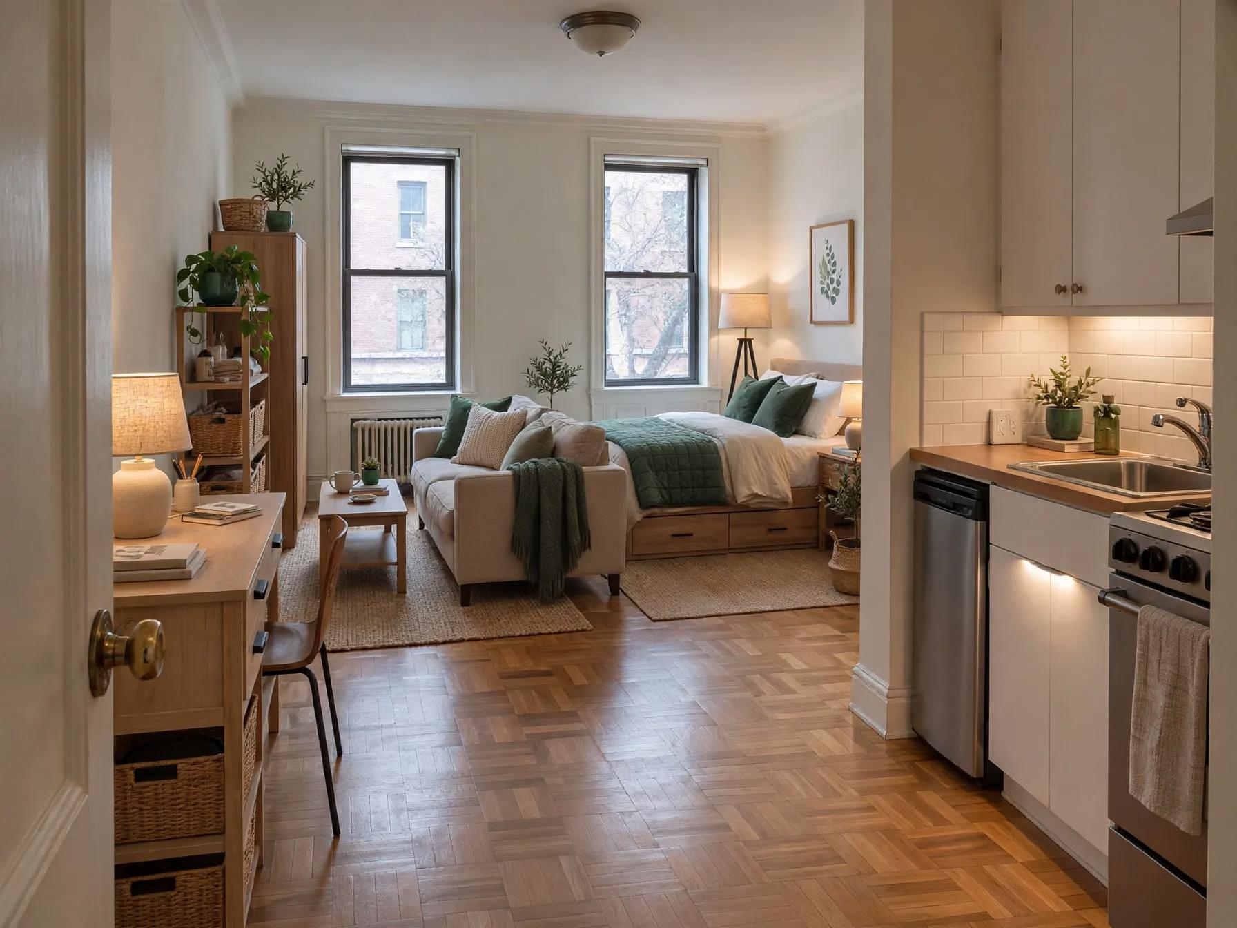 Same studio staged with pale sofa, green bedding, layered rugs, plants, additional lamps and under-bed drawers