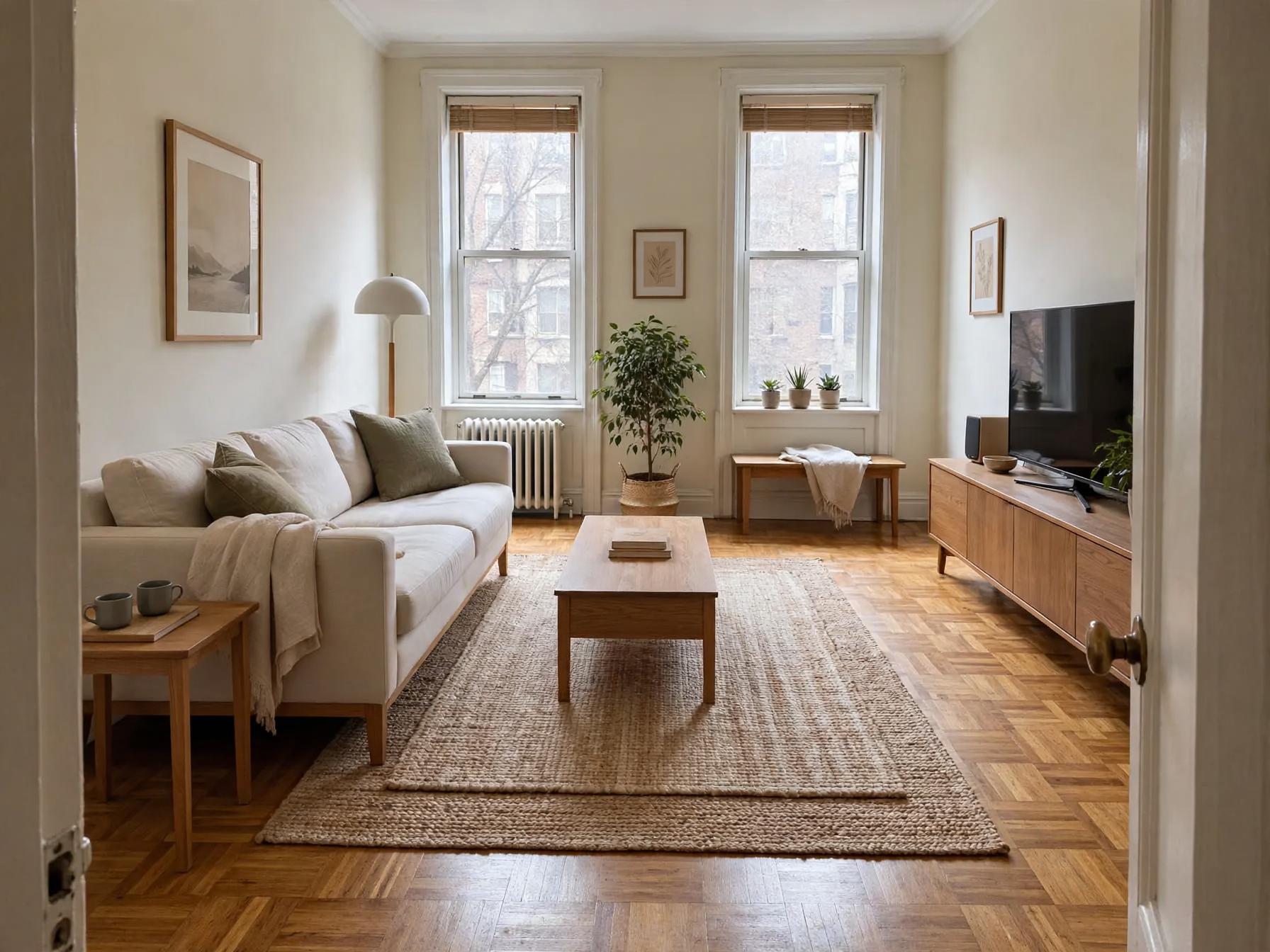 Japandi living room after AI restyle by Renovaitor: Light-filled Japandi sitting room with low wooden media console