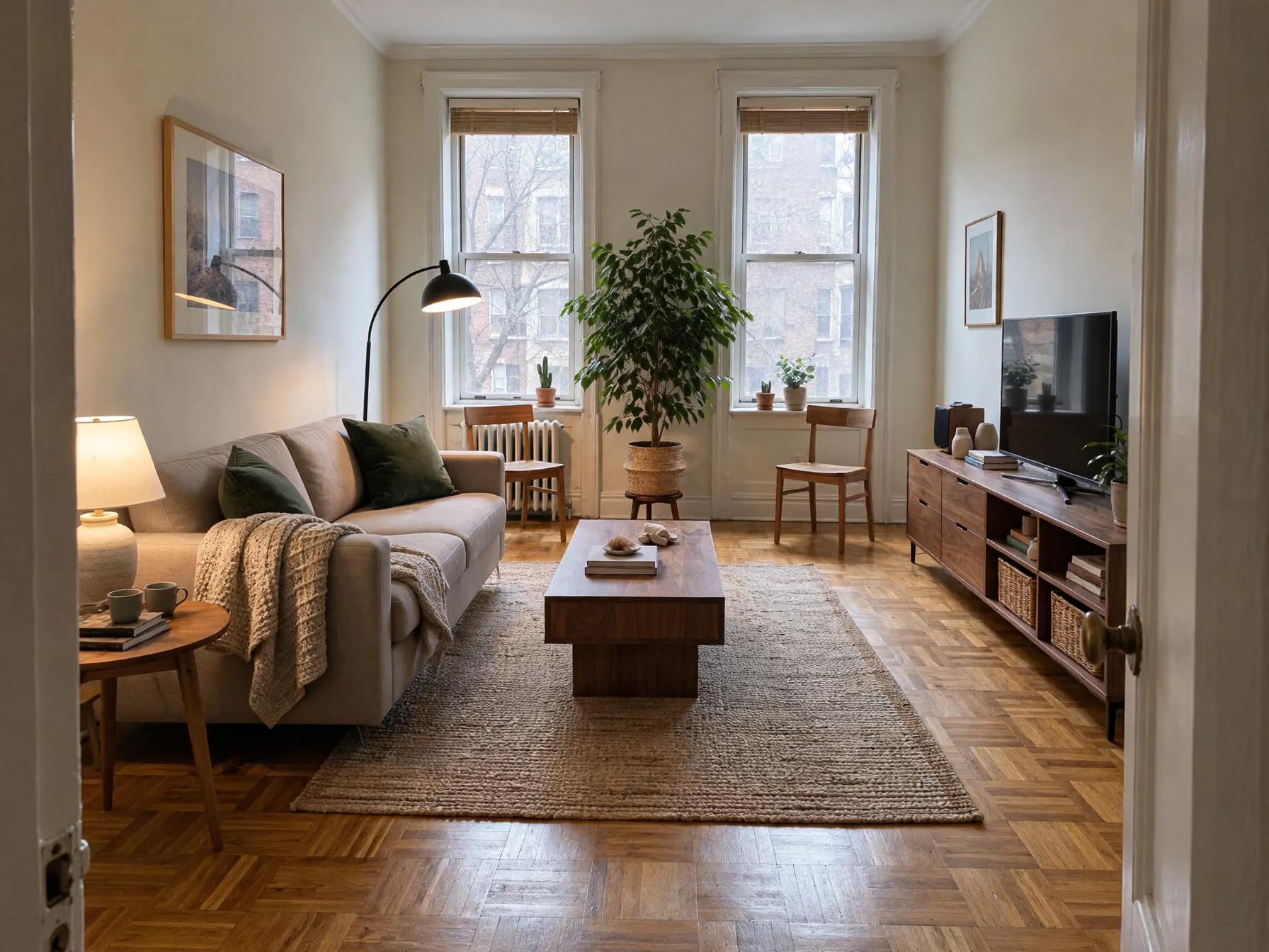 Contemporary living room after AI restyle by Renovaitor: Central potted tree beneath twin windows anchors the living room