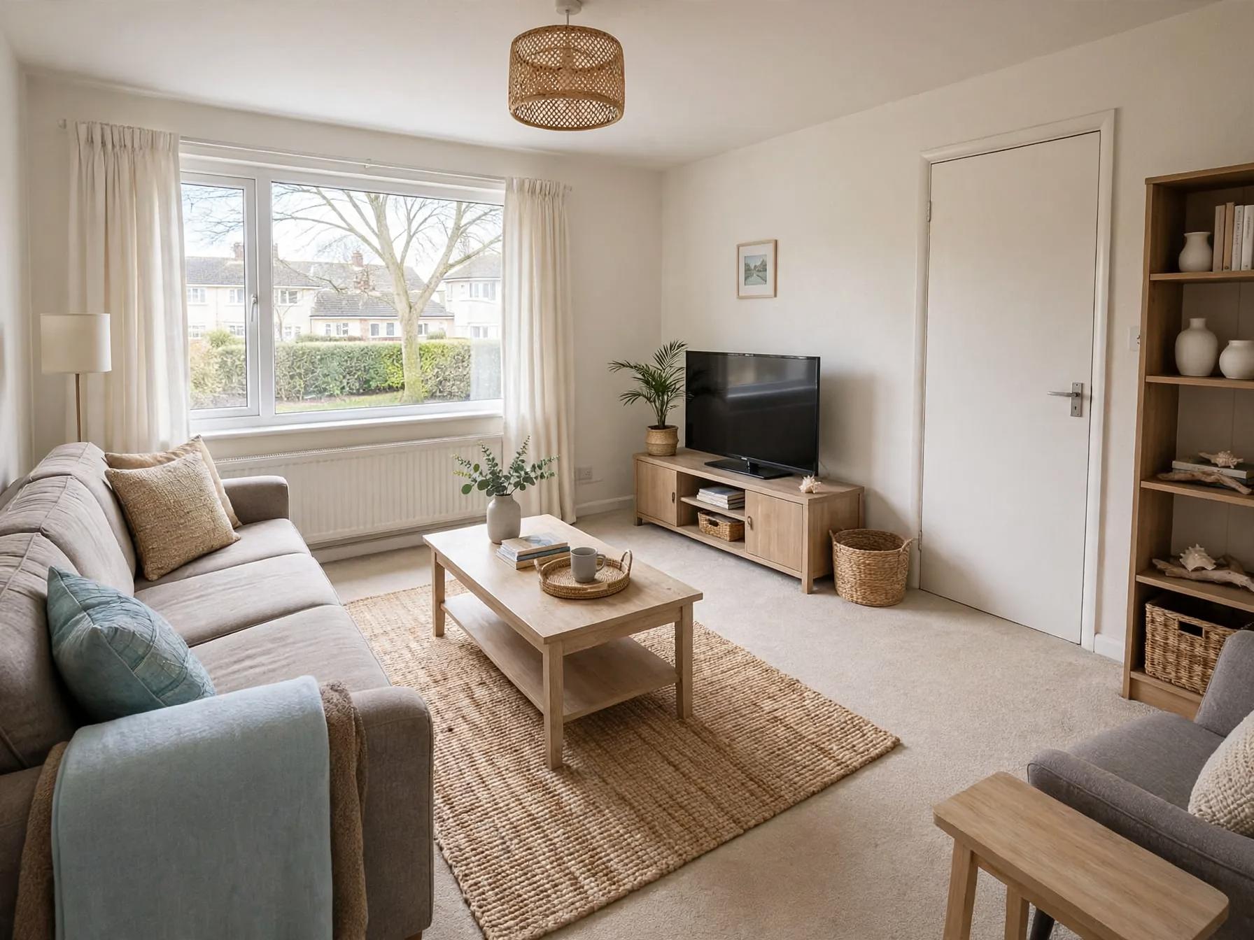 Coastal living room after AI restyle by Renovaitor: Large front window framed by coastal neutrals and woven textures
