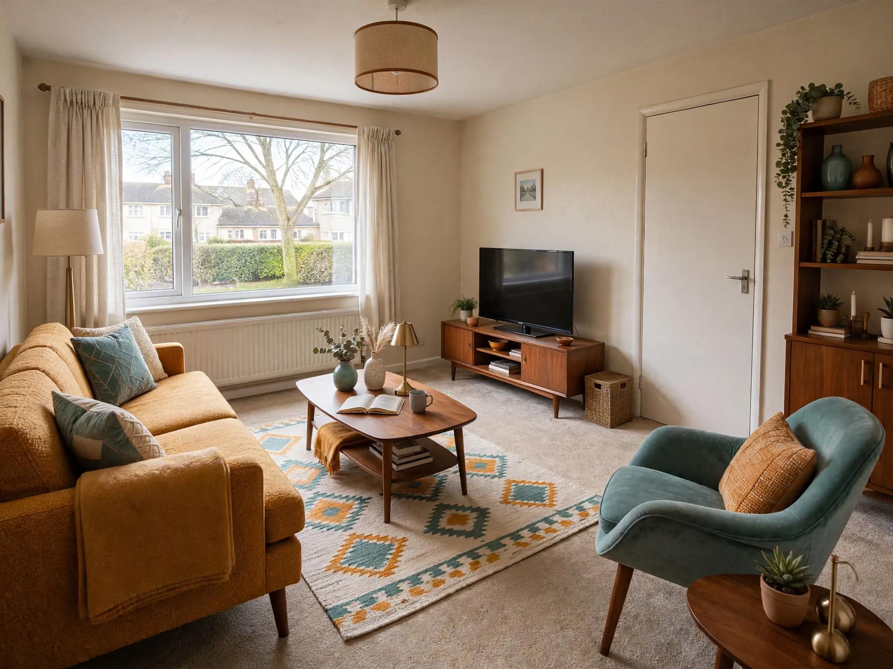 Mid century modern living room after AI restyle by Renovaitor: Mustard mid-century sofa anchors compact suburban living room refresh