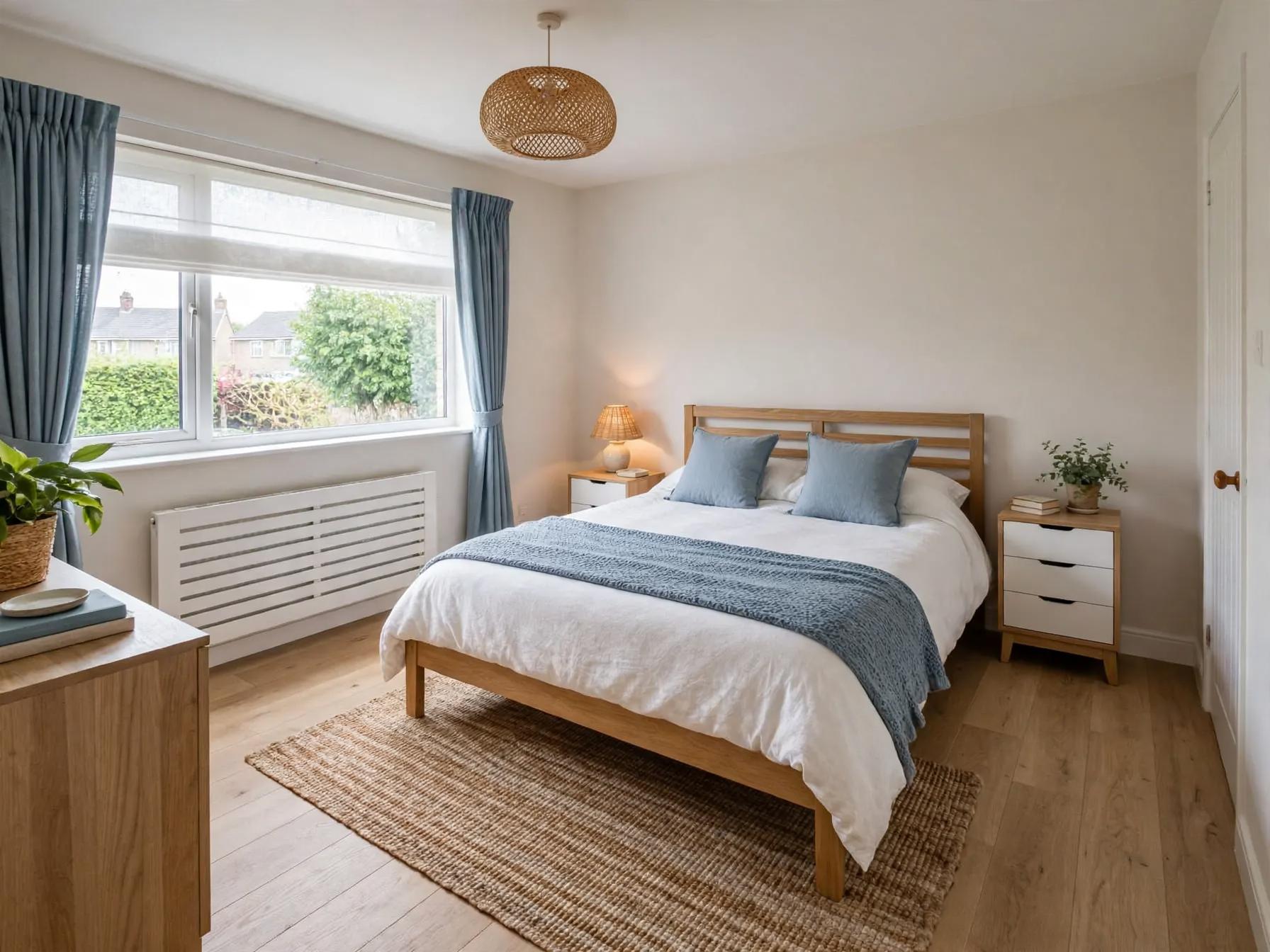 Coastal bedroom after AI restyle by Renovaitor: Coastal light and woven texture refresh in a compact bedroom