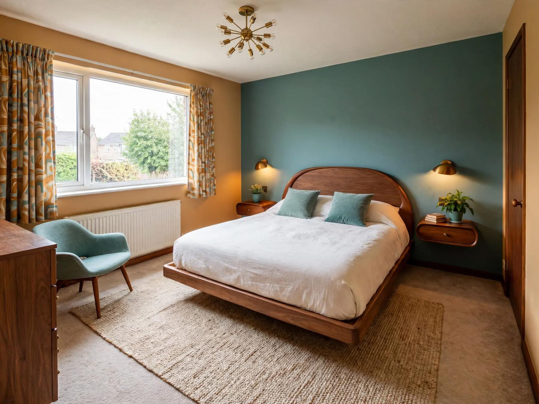 Bedroom with deep teal feature wall, walnut platform bed, floating walnut bedside shelves, brass sconces, patterned curtains and jute rug