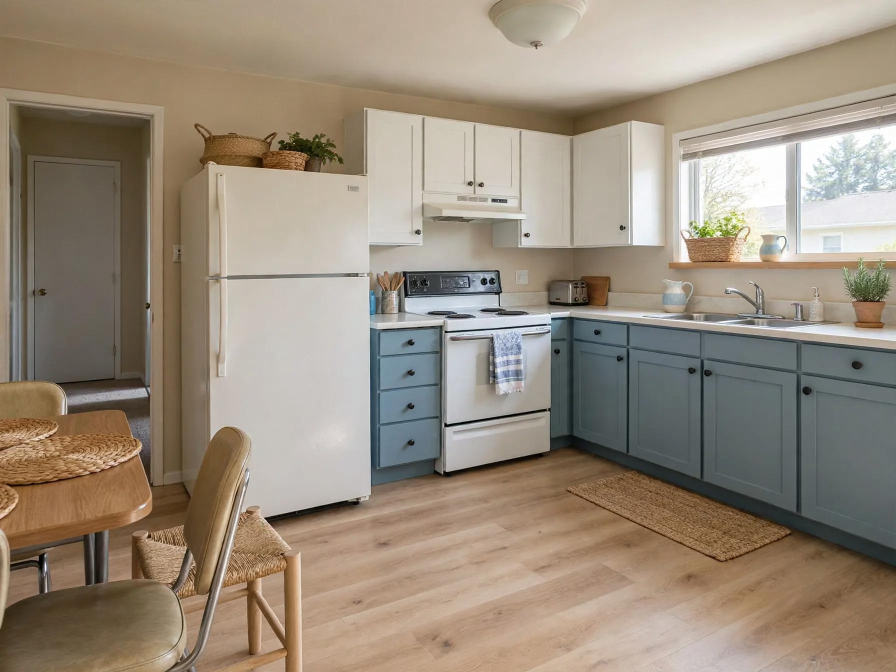 Coastal kitchen after AI restyle by Renovaitor: Blue lower cabinets with coastal accents and new plank floor