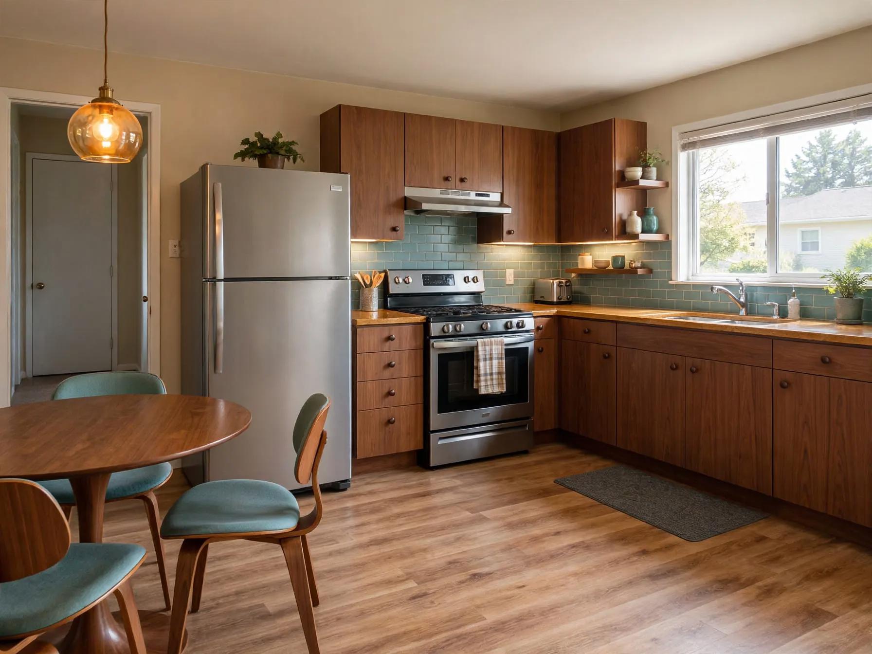 Same kitchen with walnut-tone cabinets, teal subway tile backsplash, stainless fridge and range, wood-look floor and round mid-century dining set