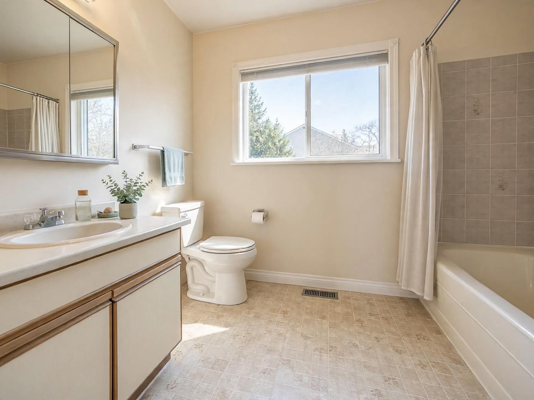 Coastal bathroom after AI restyle by Renovaitor: Large center window frames a compact coastal bathroom refresh