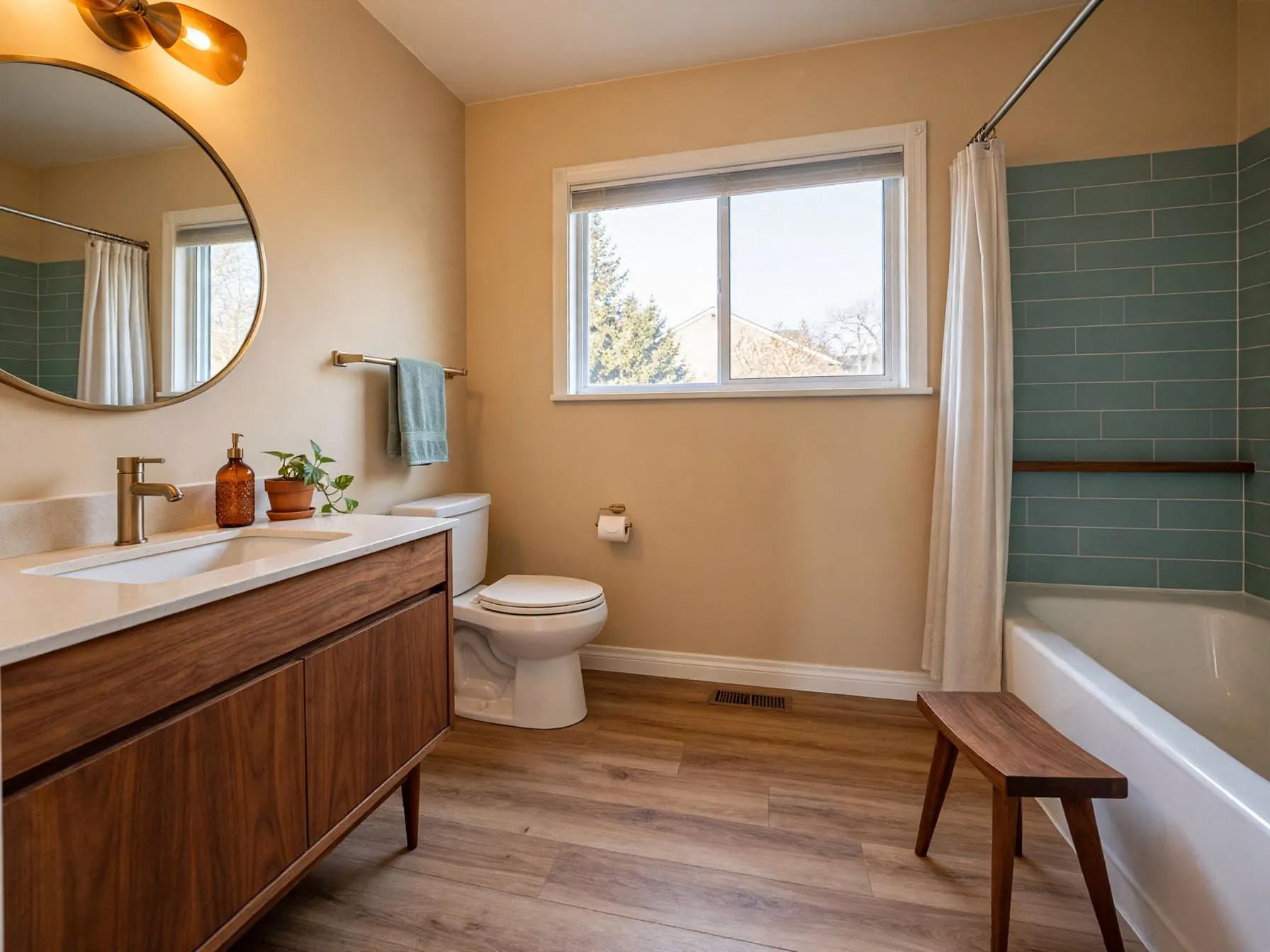 Restyled bathroom with walnut vanity on legs, round brass mirror, teal subway tile tub surround, wood-look plank flooring and small wooden stool.