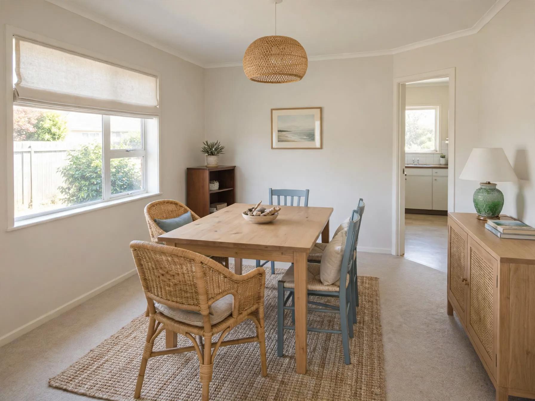 Coastal dining room after AI restyle by Renovaitor: Large garden window dining with woven rattan accents