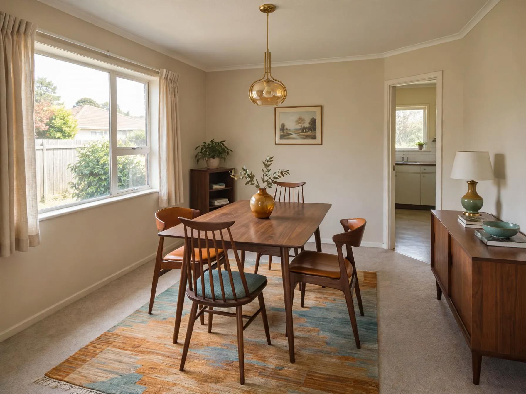 Mid century modern dining room after AI restyle by Renovaitor: Mid-century dining with new pendant, rug and mixed chairs