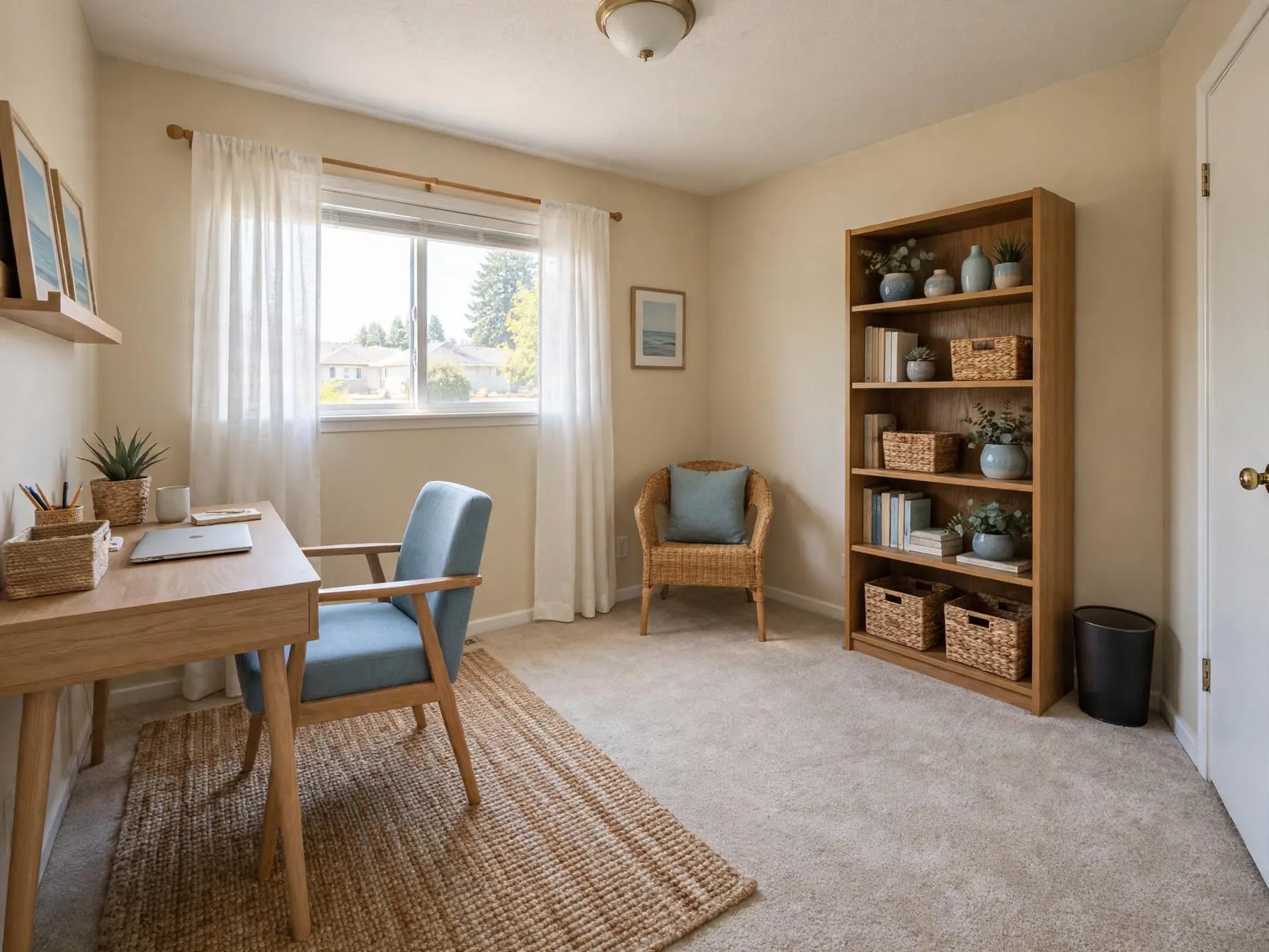 Coastal home office after AI restyle by Renovaitor: Soft coastal light, woven rug and blue accent chair in a compact home office