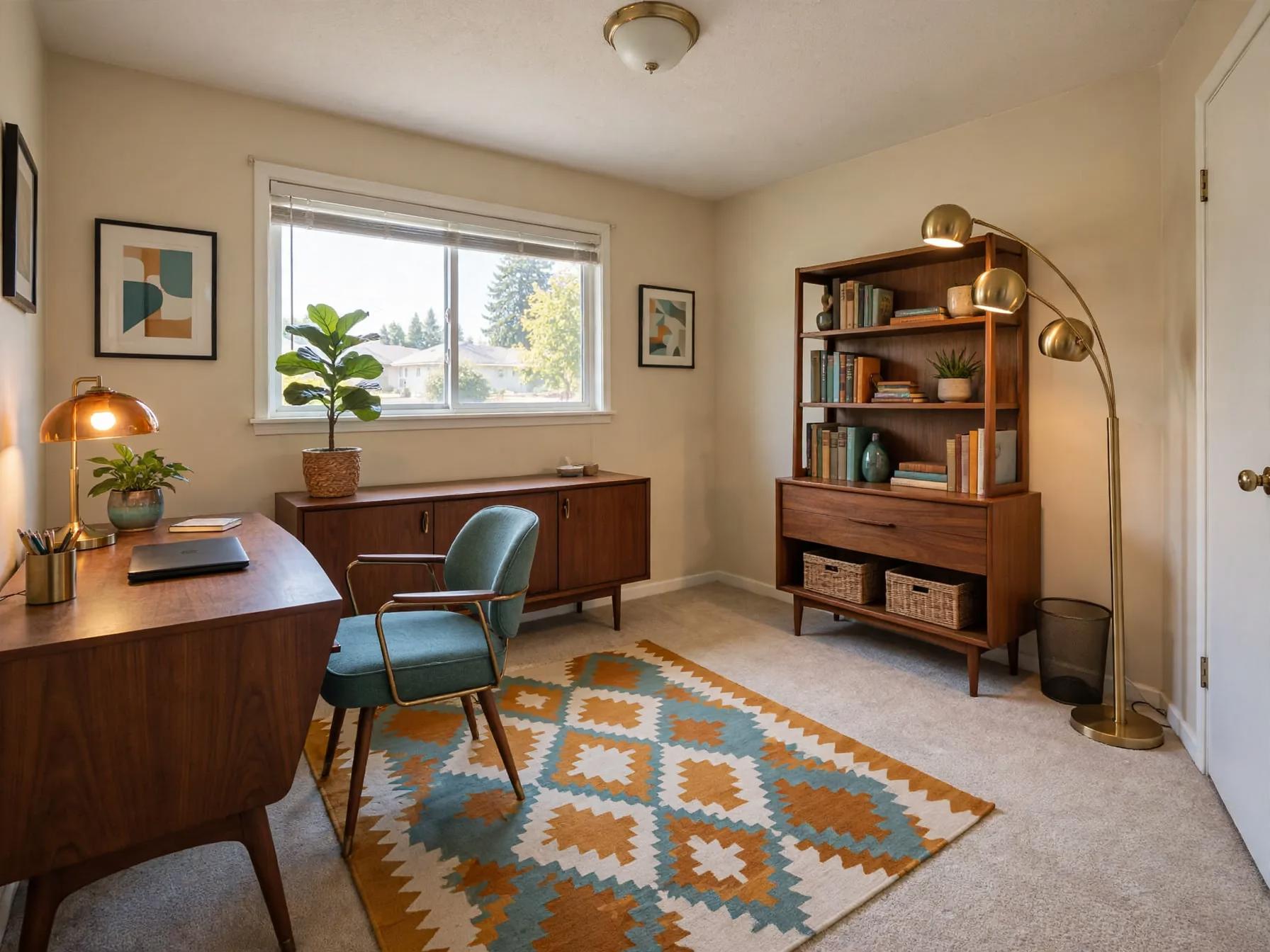 Mid century modern home office after AI restyle by Renovaitor: Low mid-century wood credenza and geometric rug transform the study