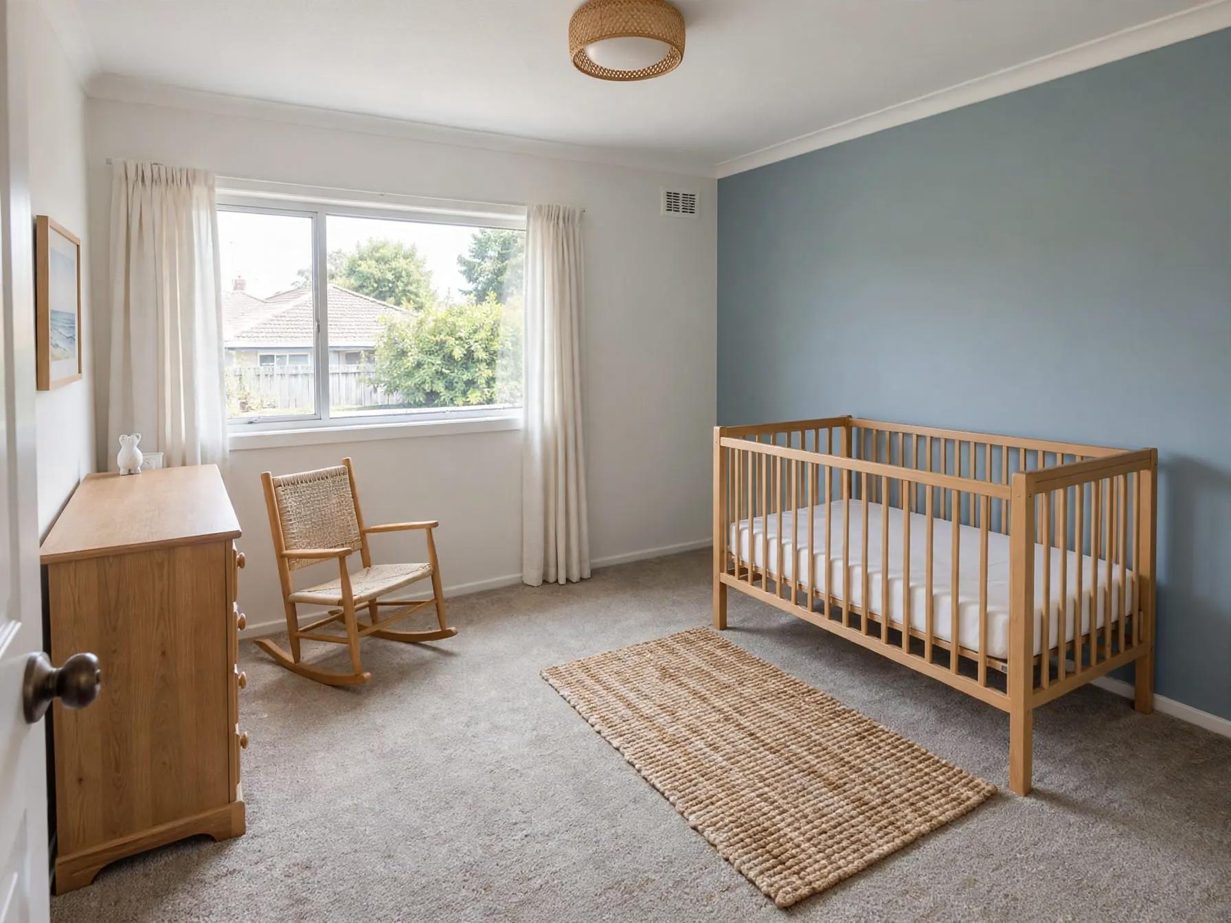 Coastal nursery after AI restyle by Renovaitor: Soft blue accent wall with natural rattan accents in a coastal nursery