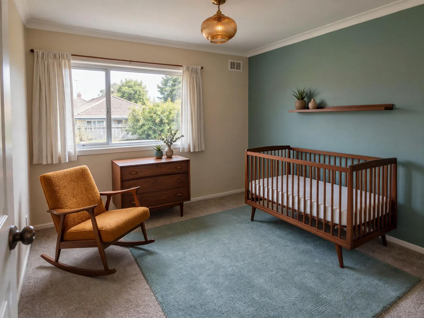 Mid century modern nursery after AI restyle by Renovaitor: Teal accent wall with walnut mid-century crib and rocker