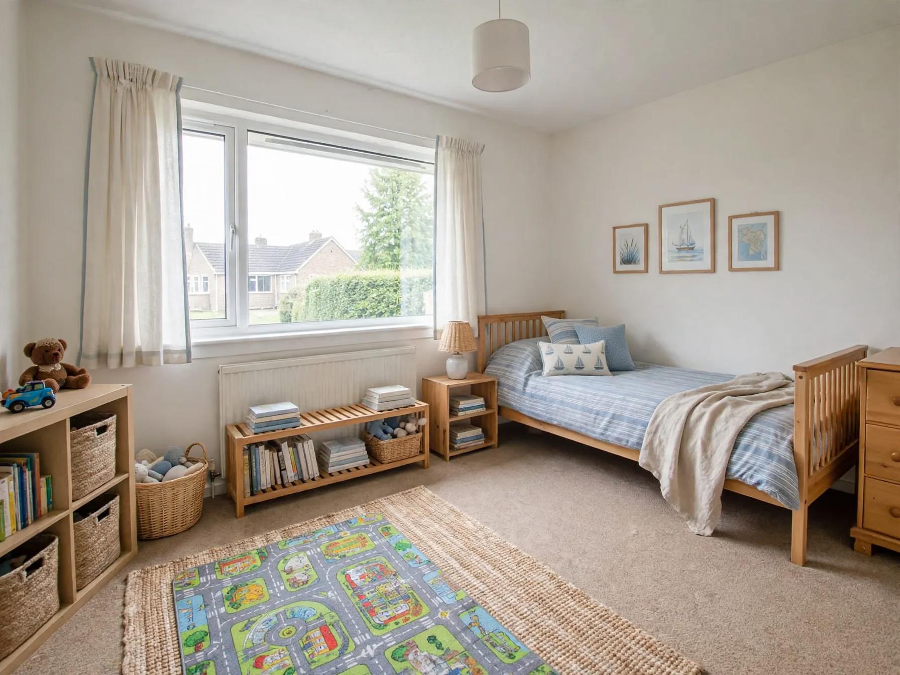 Coastal kids room after AI restyle by Renovaitor: Coastal accents and woven textures brighten a compact kids room
