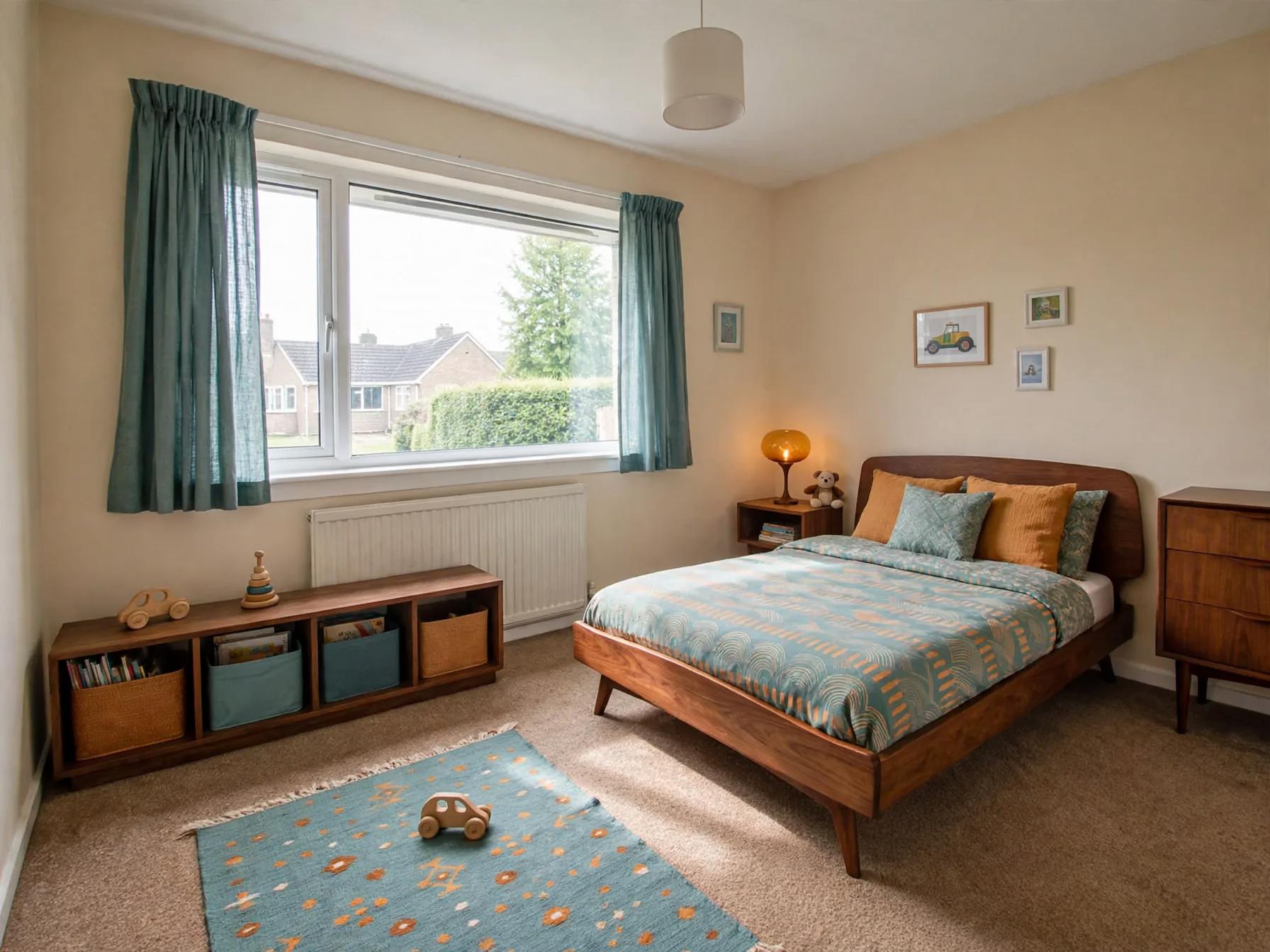 Mid century modern kids room after AI restyle by Renovaitor: Large front window anchors mid‑century kids room restyle