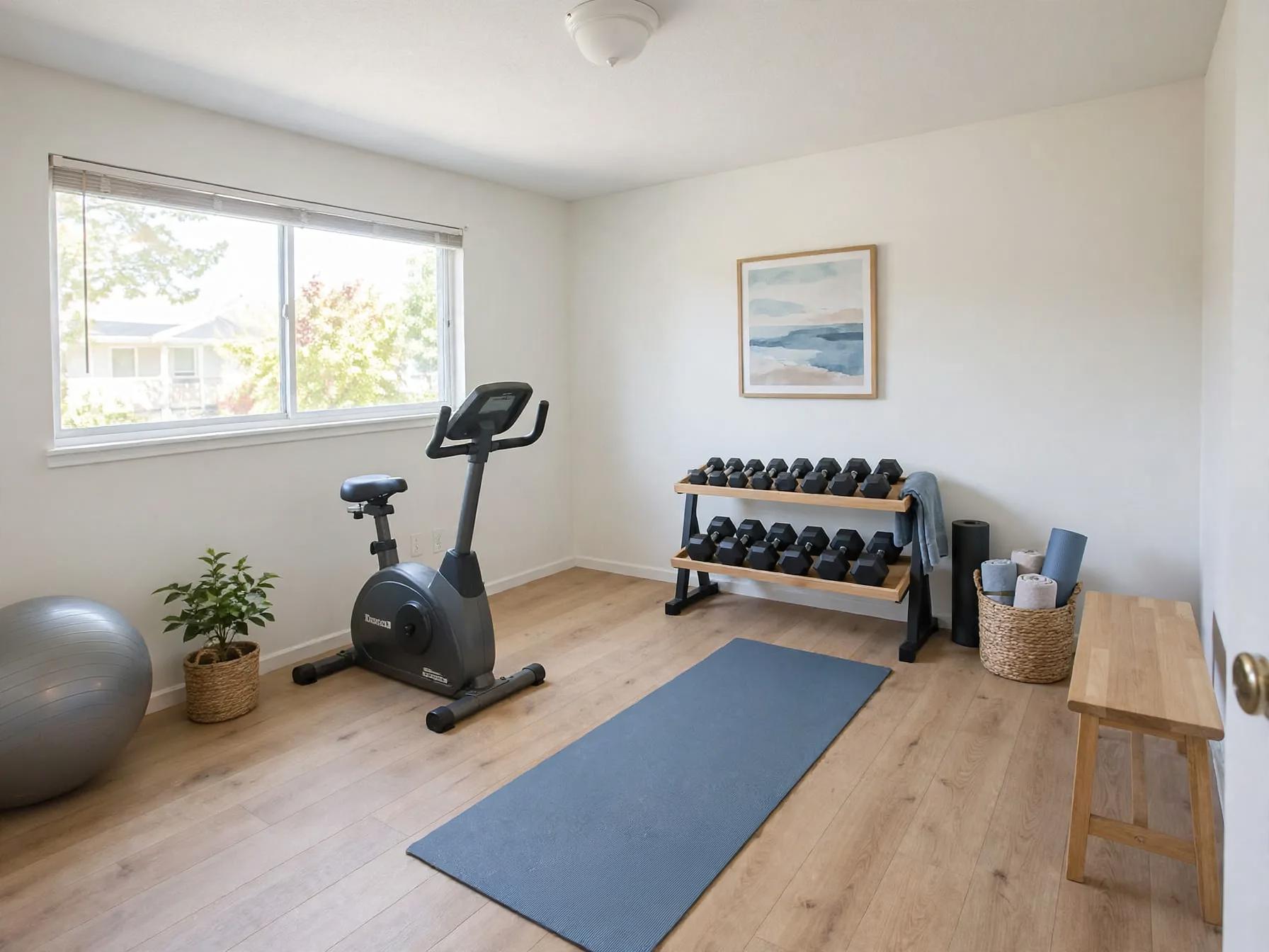 Coastal home gym after AI restyle by Renovaitor: Light oak floors and coastal accents in a compact home gym