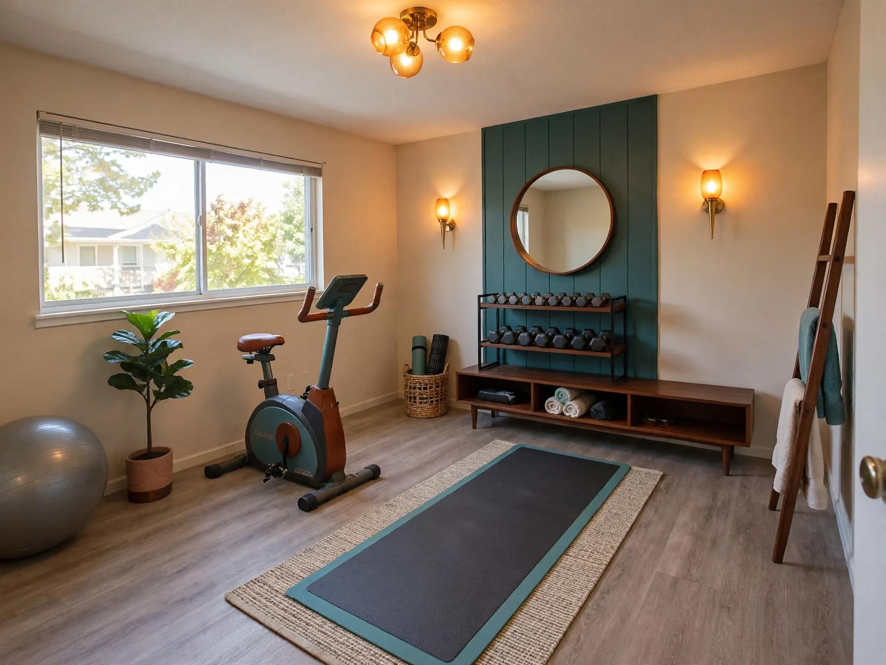 Mid century modern home gym after AI restyle by Renovaitor: Teal plank feature wall and warm wood fit-out in compact home gym