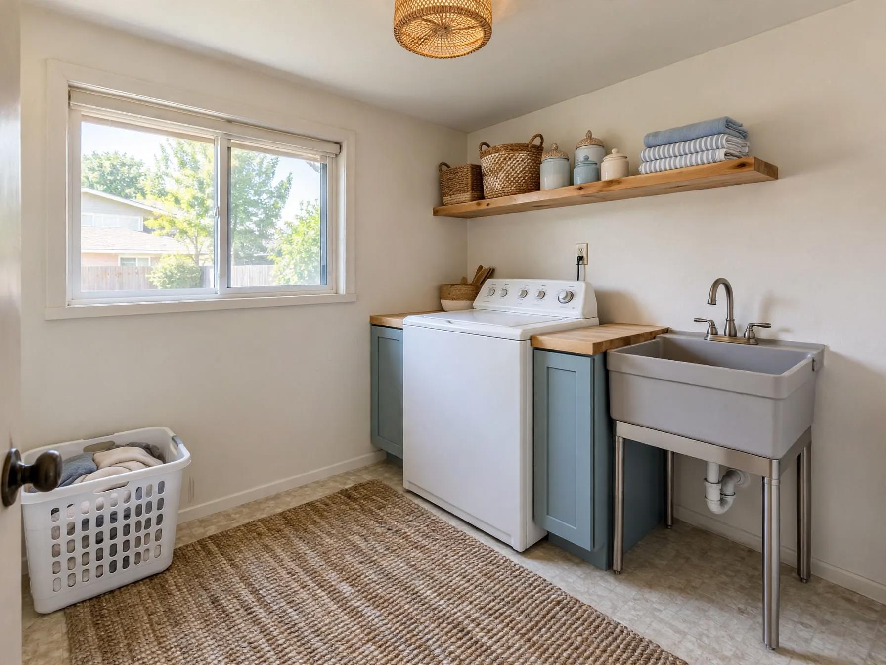 Coastal laundry room after AI restyle by Renovaitor: Blue shaker base cabinets flanking washer in coastal laundry update
