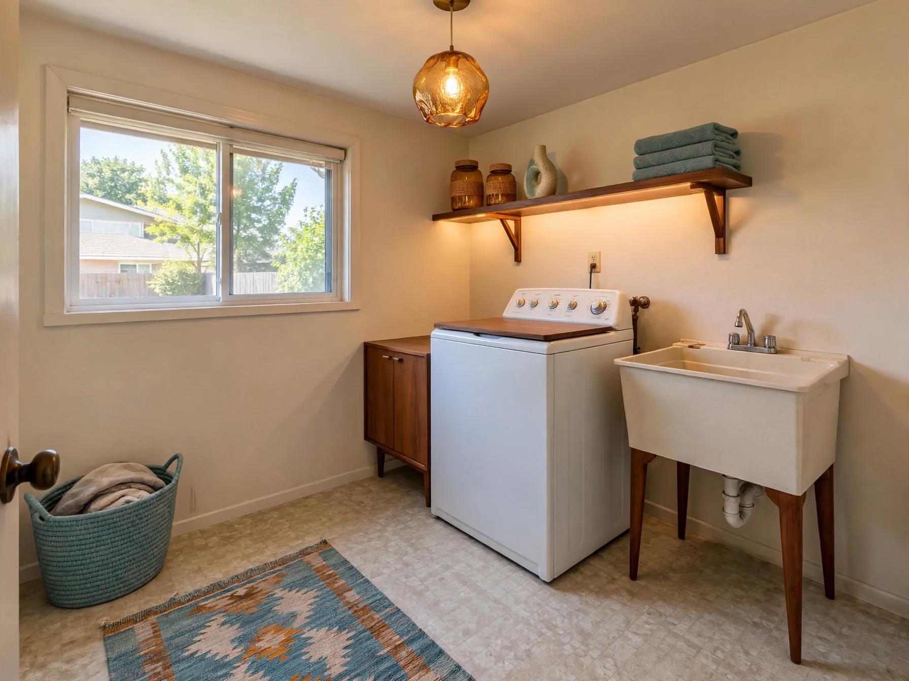 Mid century modern laundry room after AI restyle by Renovaitor: Floating teak shelf and amber pendant anchor mid-century laundry