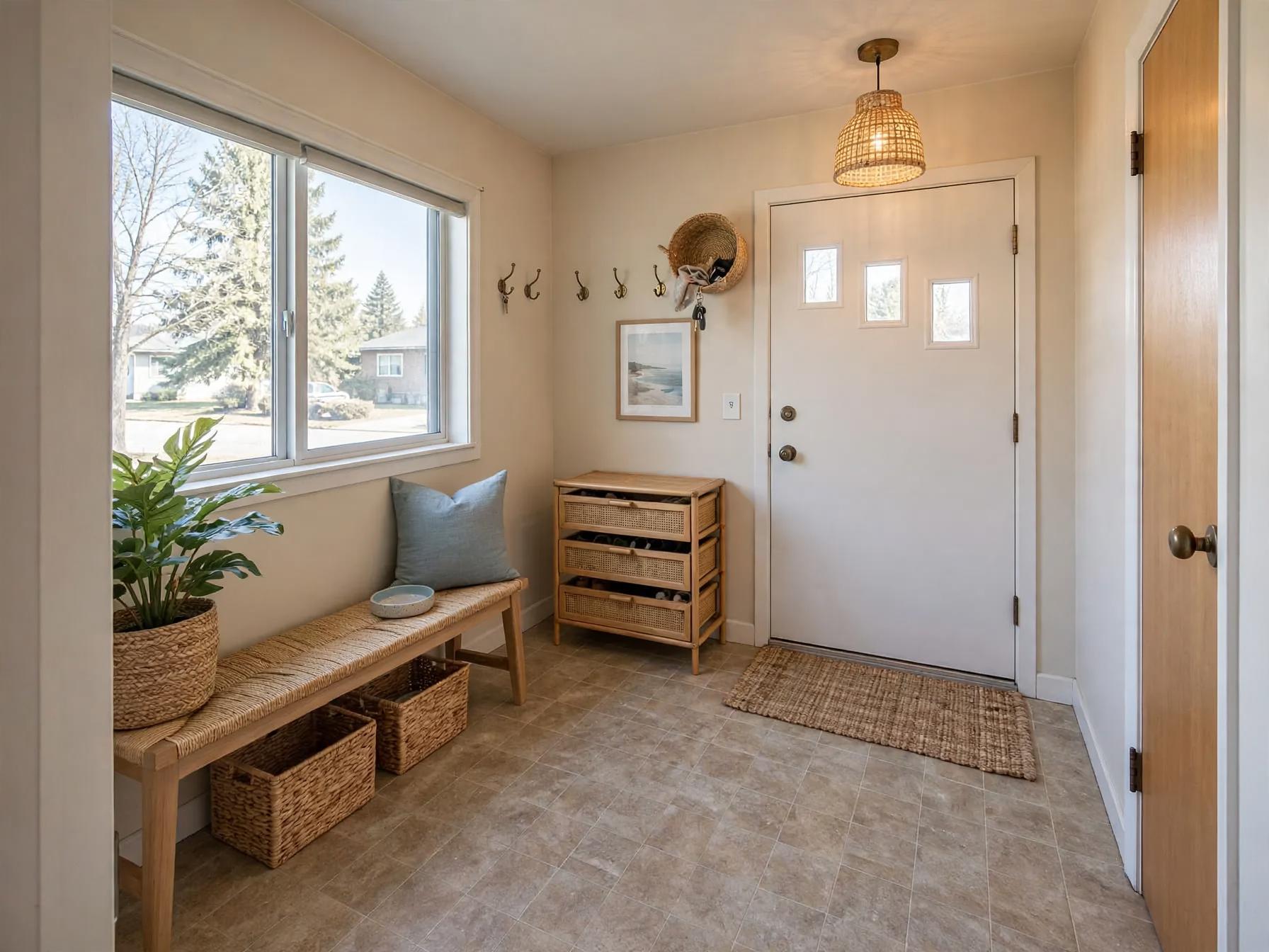 Coastal entryway after AI restyle by Renovaitor: Woven Pendant and Coastal Rattan Add Warmth to Entryway