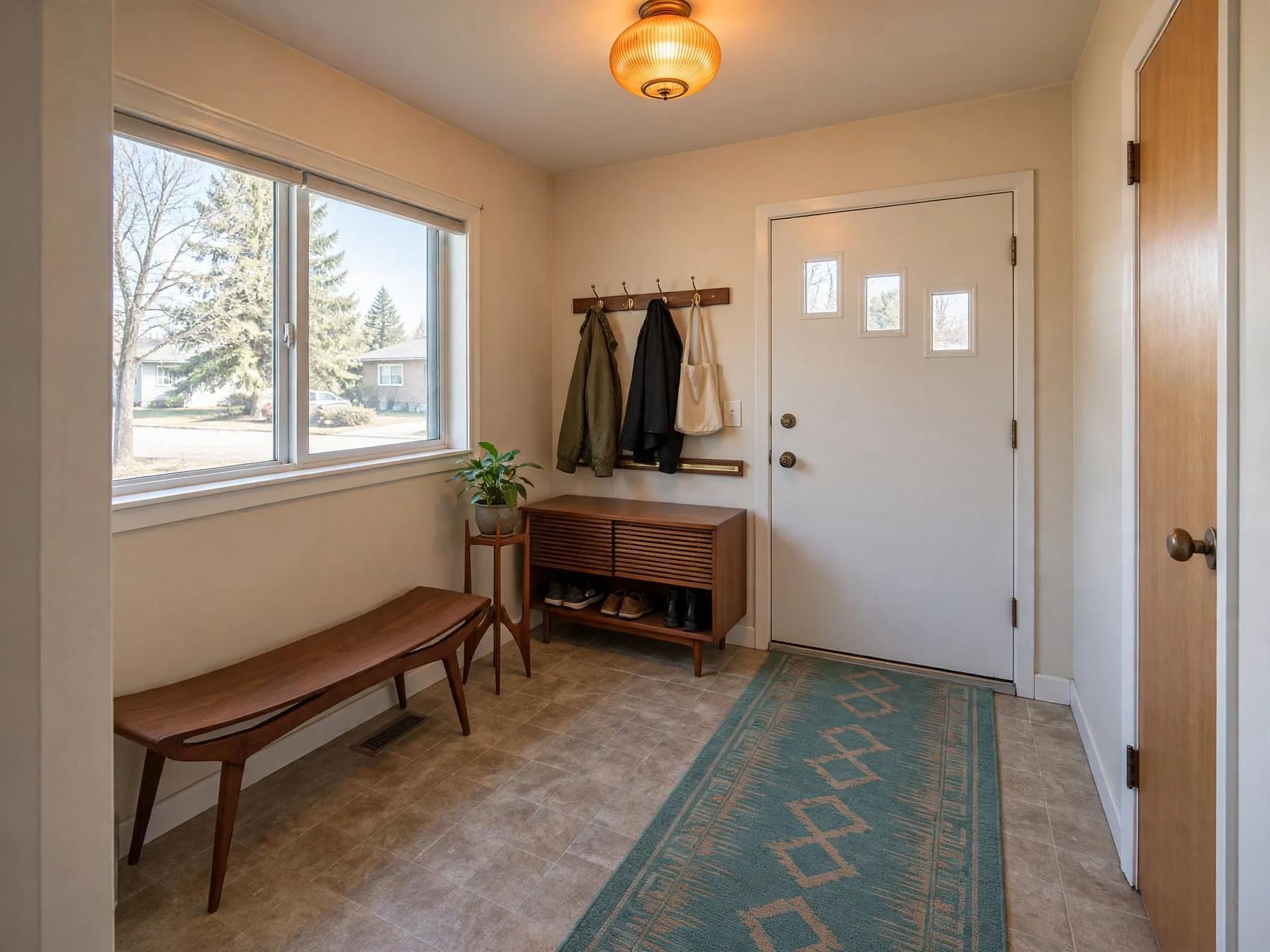 Mid century modern entryway after AI restyle by Renovaitor: Three small door windows with a slim mid-century walnut bench