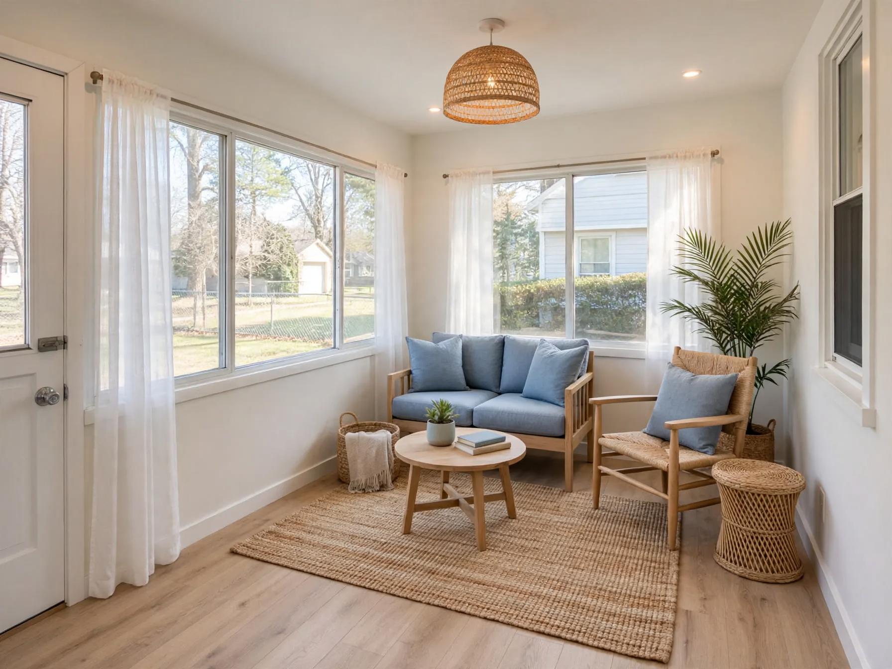 Coastal sunroom after AI restyle by Renovaitor: Breezy coastal seating with pale blue sofa and woven accents