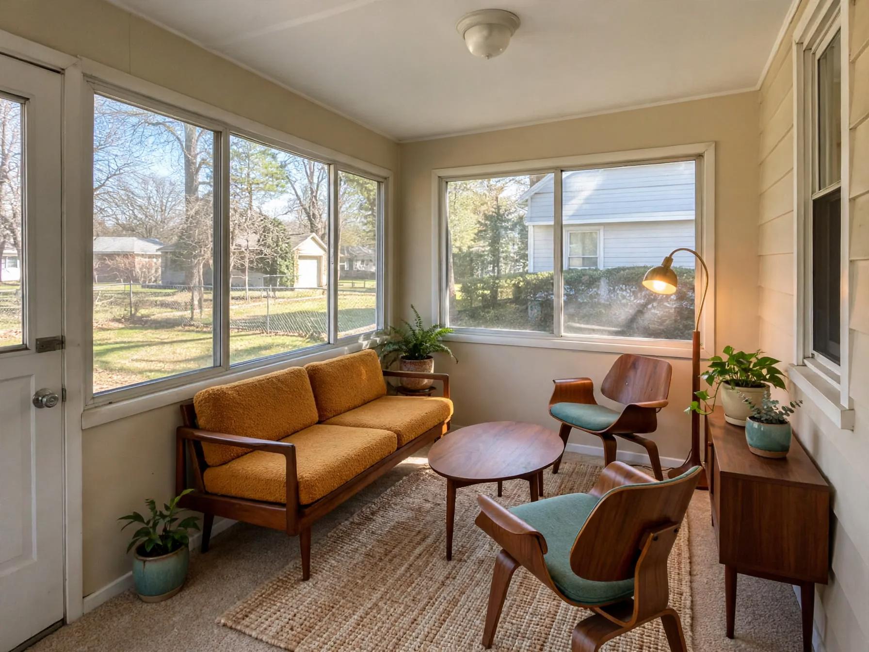 Mid century modern sunroom after AI restyle by Renovaitor: Mustard mid-century sofa anchors compact sunroom seating vignette