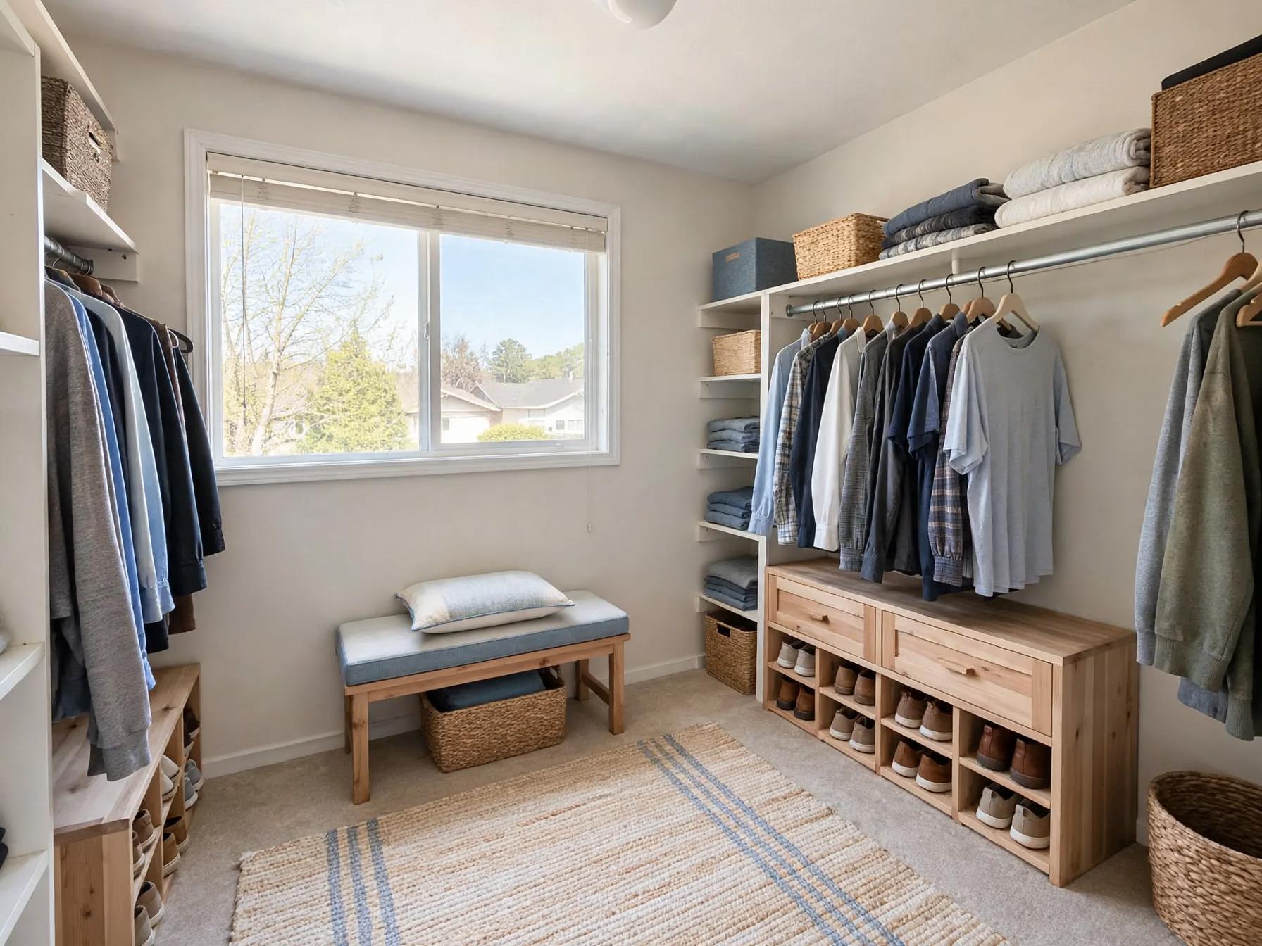 Coastal walk in closet after AI restyle by Renovaitor: Window-centered coastal walk-in closet with wooden bench and shoe unit