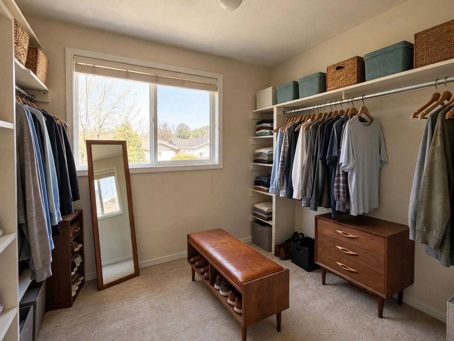 Mid century modern walk in closet after AI restyle by Renovaitor: Large single window with mid-century wood accents in walk-in closet