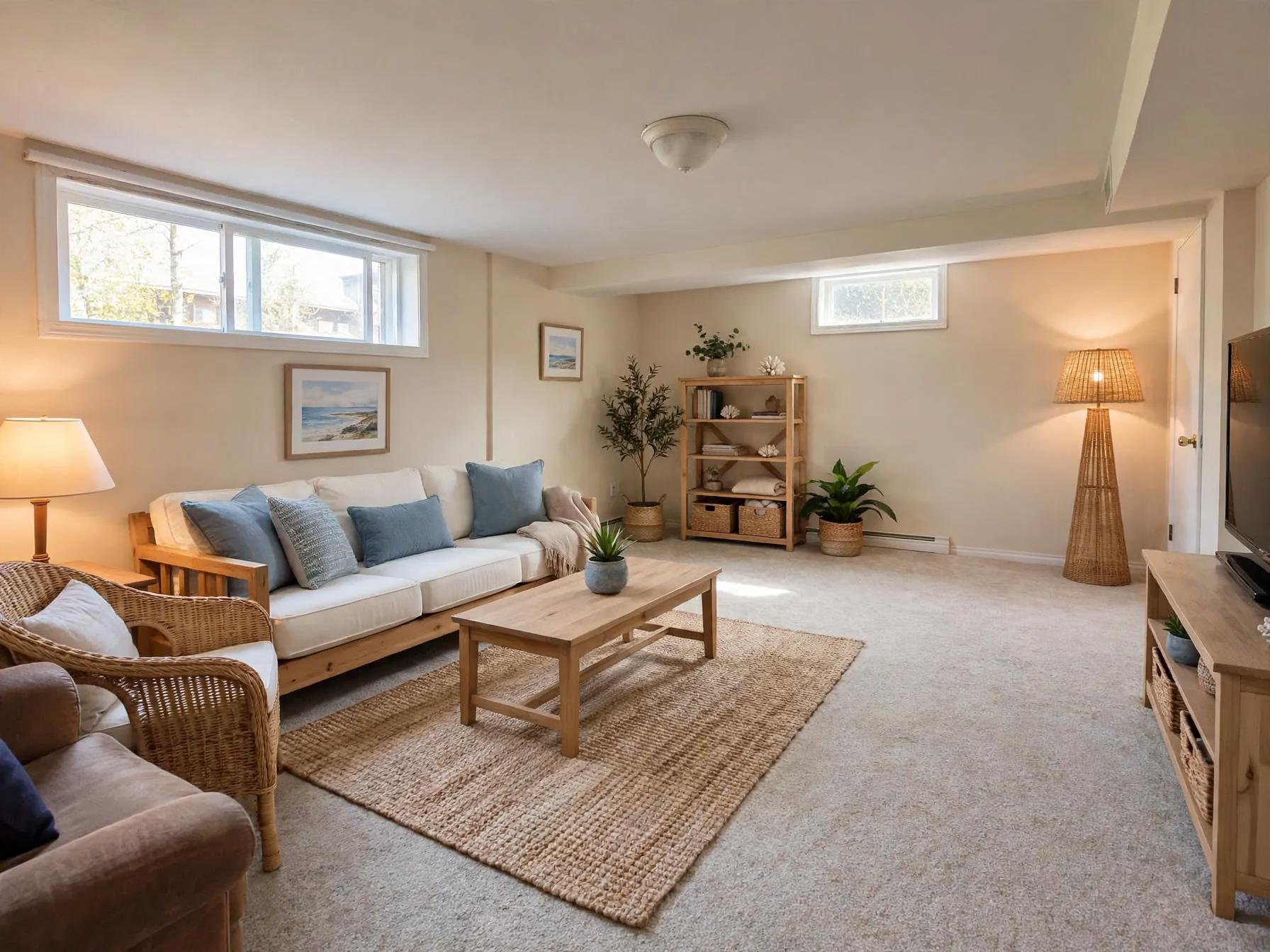 Coastal basement after AI restyle by Renovaitor: Long high window anchors a coastal basement lounge refresh