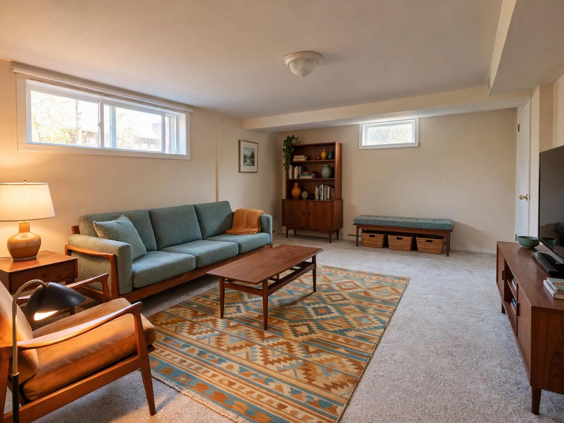 Mid century modern basement after AI restyle by Renovaitor: Large egress window framed by teal mid-century sofa and rug