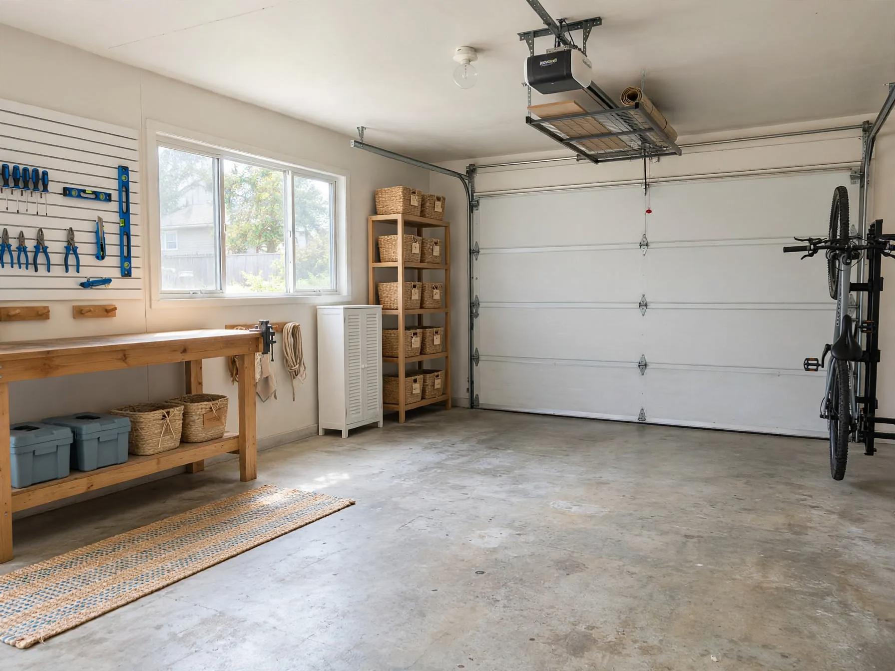 Coastal garage after AI restyle by Renovaitor: Sunlit Coastal Garage with Pegboard Workbench and Wicker Storage