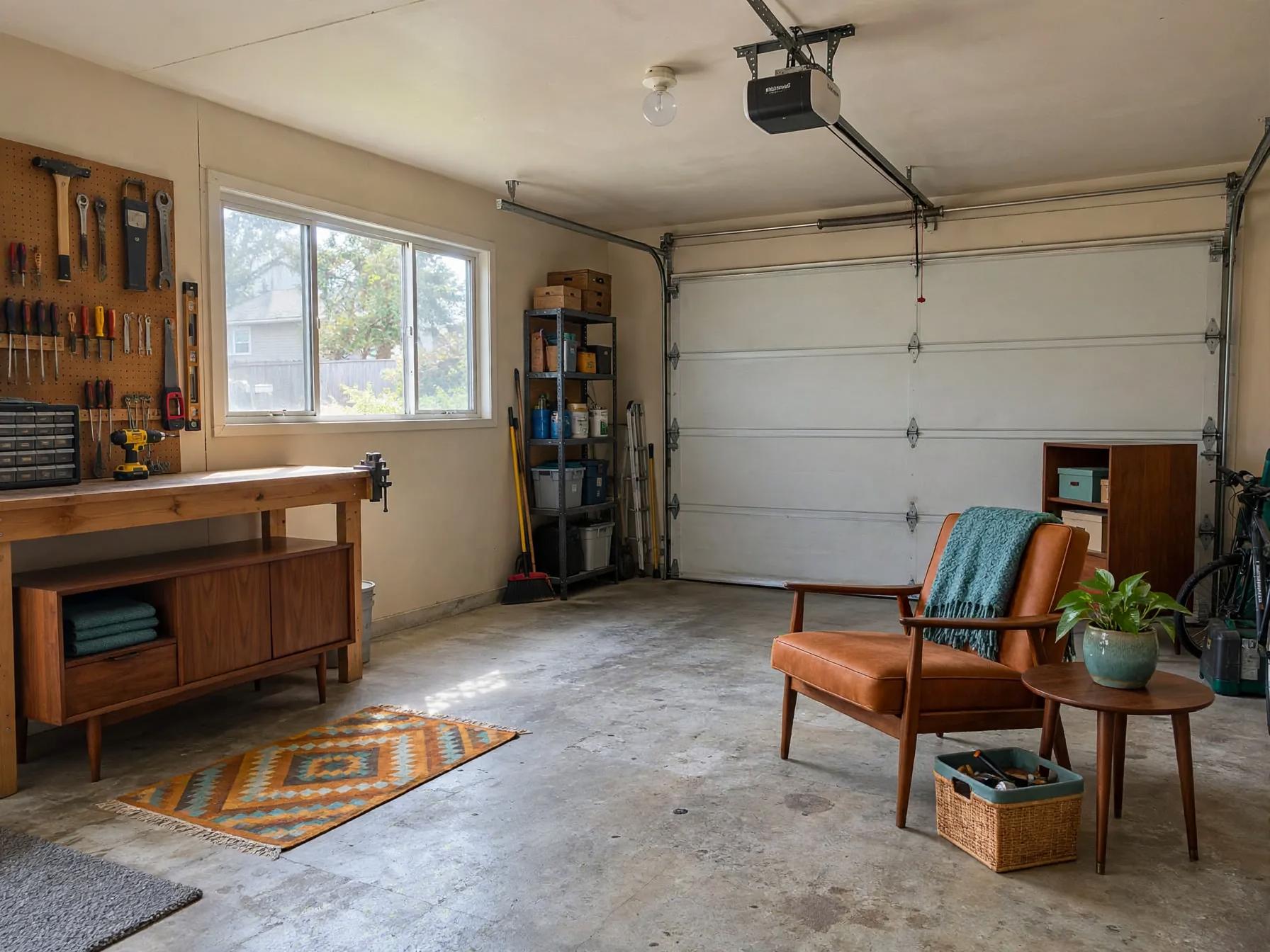 Mid century modern garage after AI restyle by Renovaitor: Large West Window Garage with Mid‑Century Seating Nook