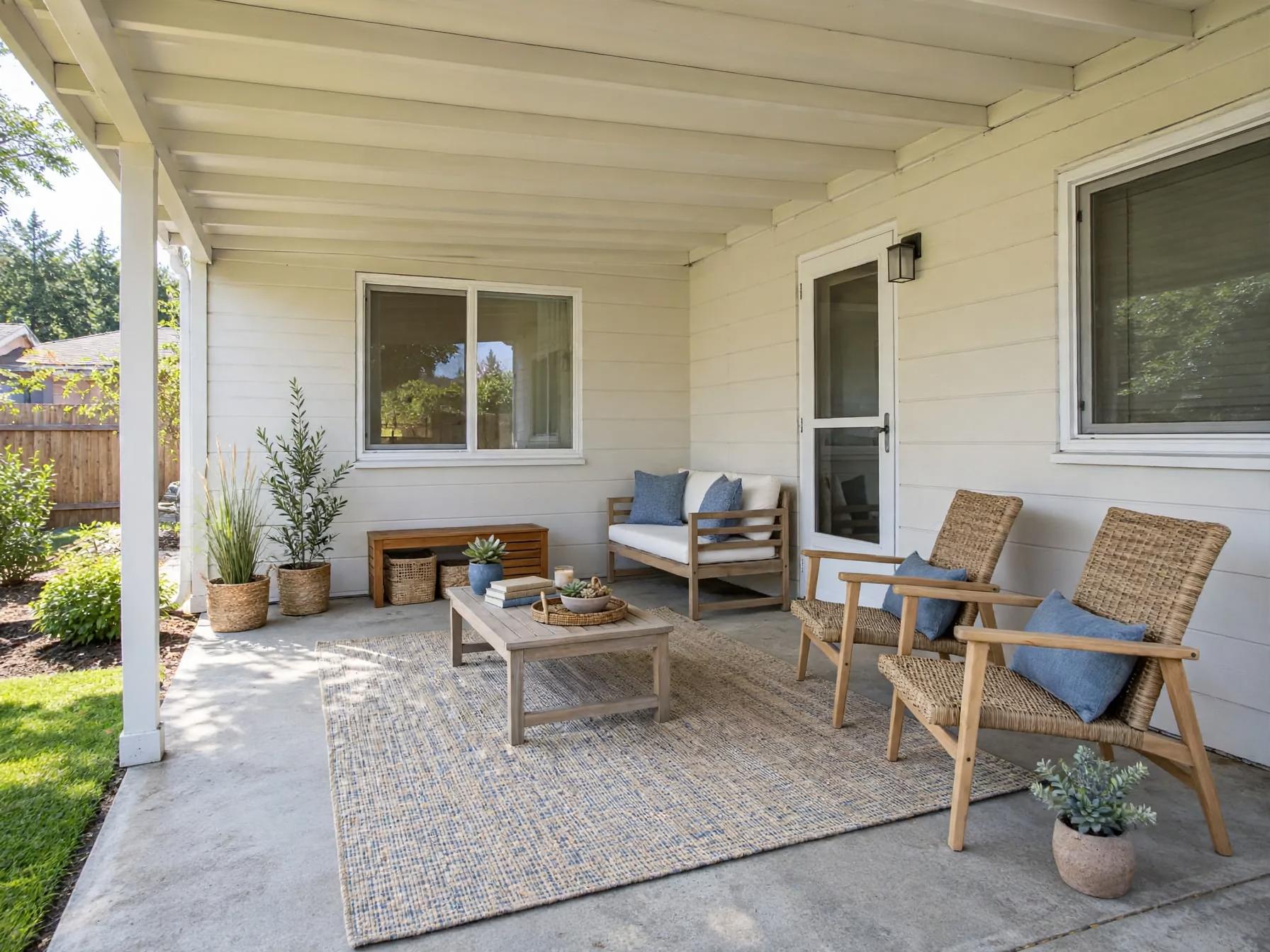 Coastal outdoor after AI exterior redesign by Renovaitor: Beamed-ceiling covered patio styled with coastal wicker seating