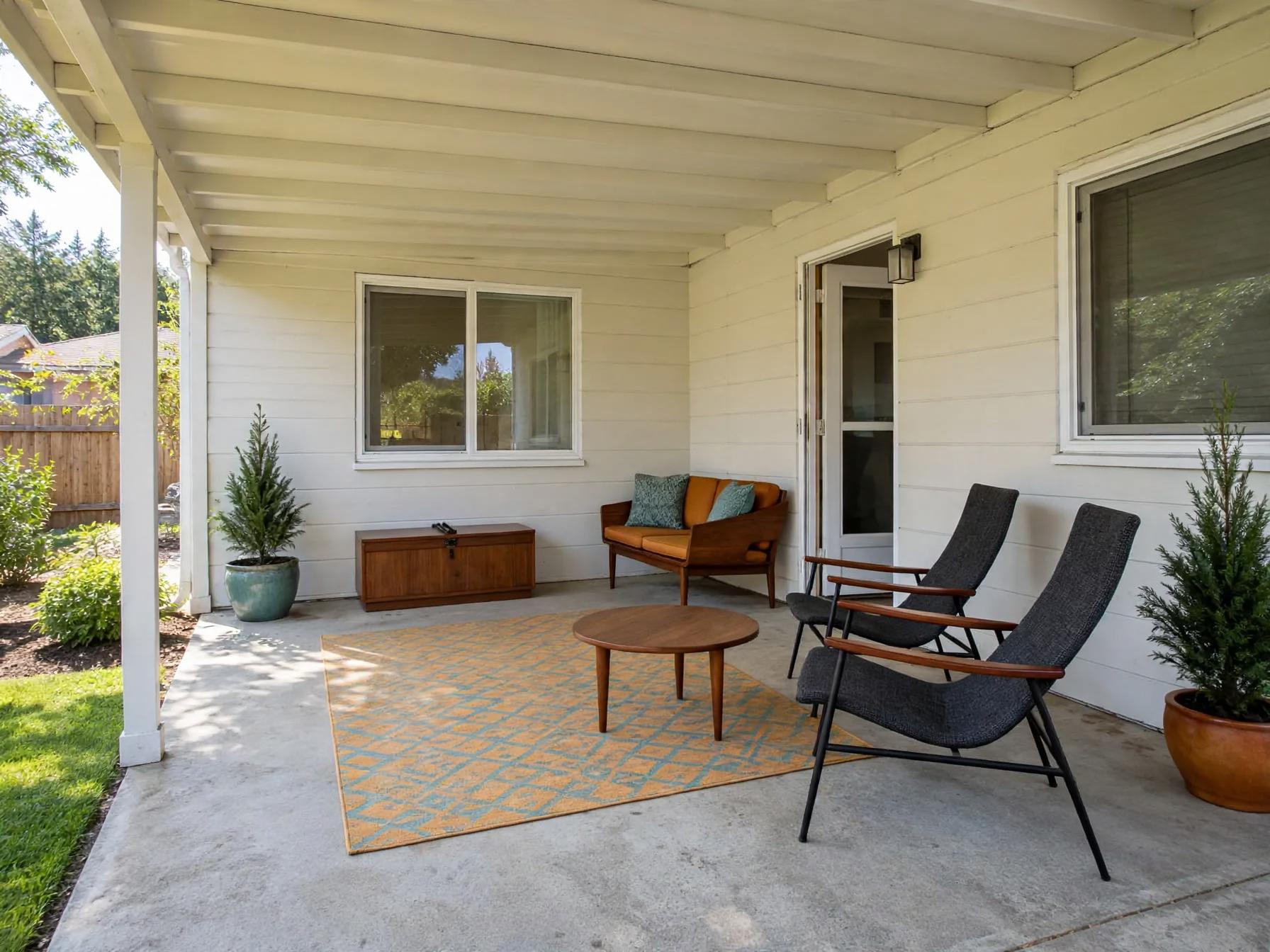 Mid century modern outdoor after AI exterior redesign by Renovaitor: Exposed‑beam covered patio updated with mid‑century seating